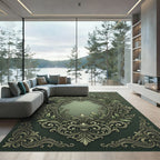Ornate Green Leaf Scroll Framing Rug