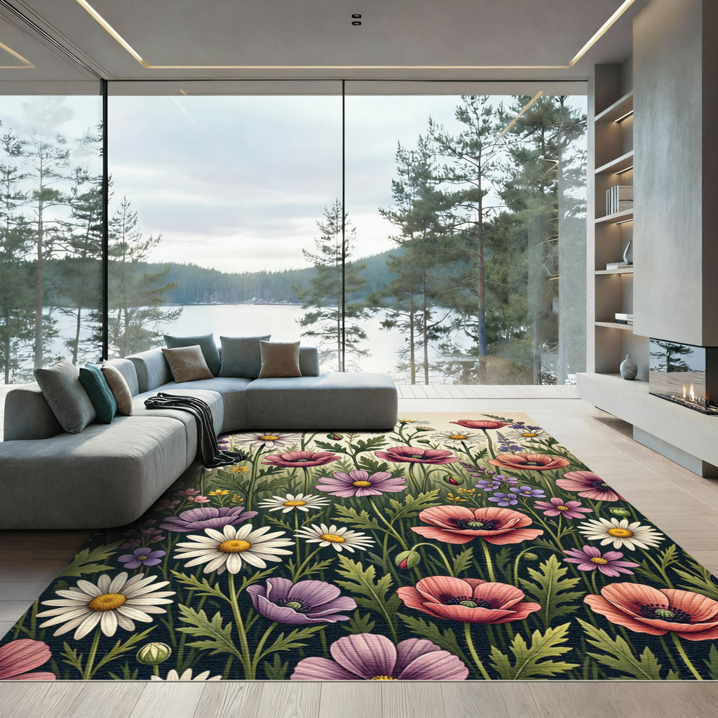 Vibrant Wildflower Field Meadow Garden Rug