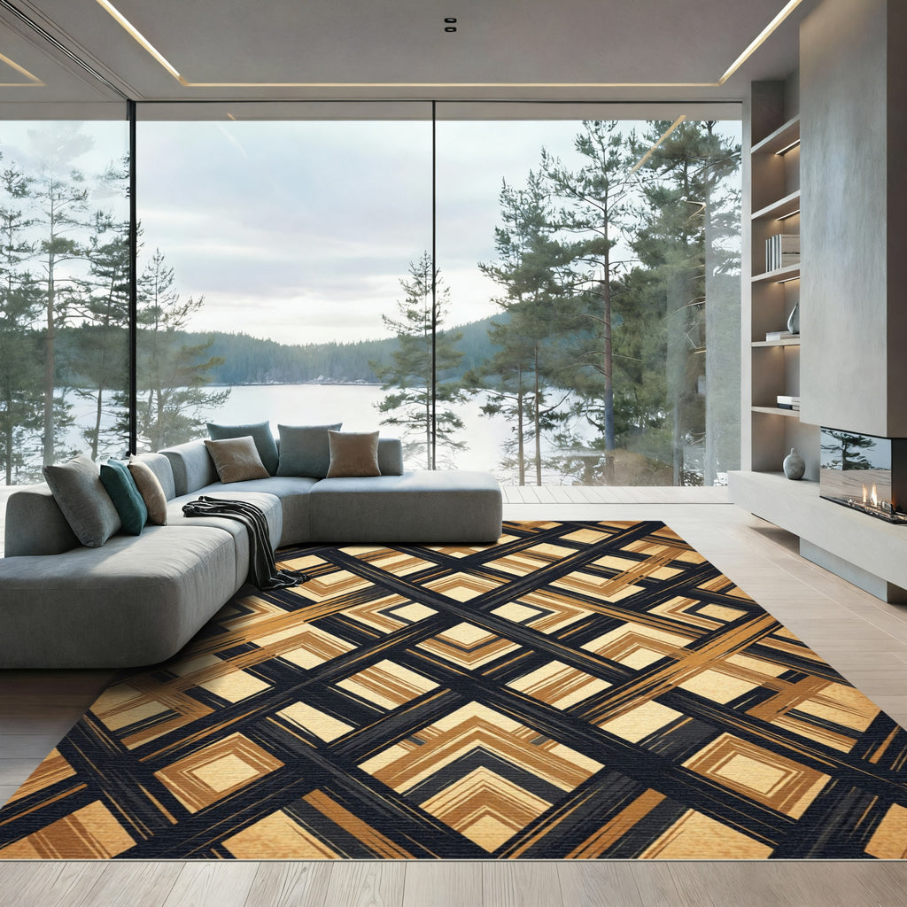 Black and Gold Intersecting Diamond Weave Rug