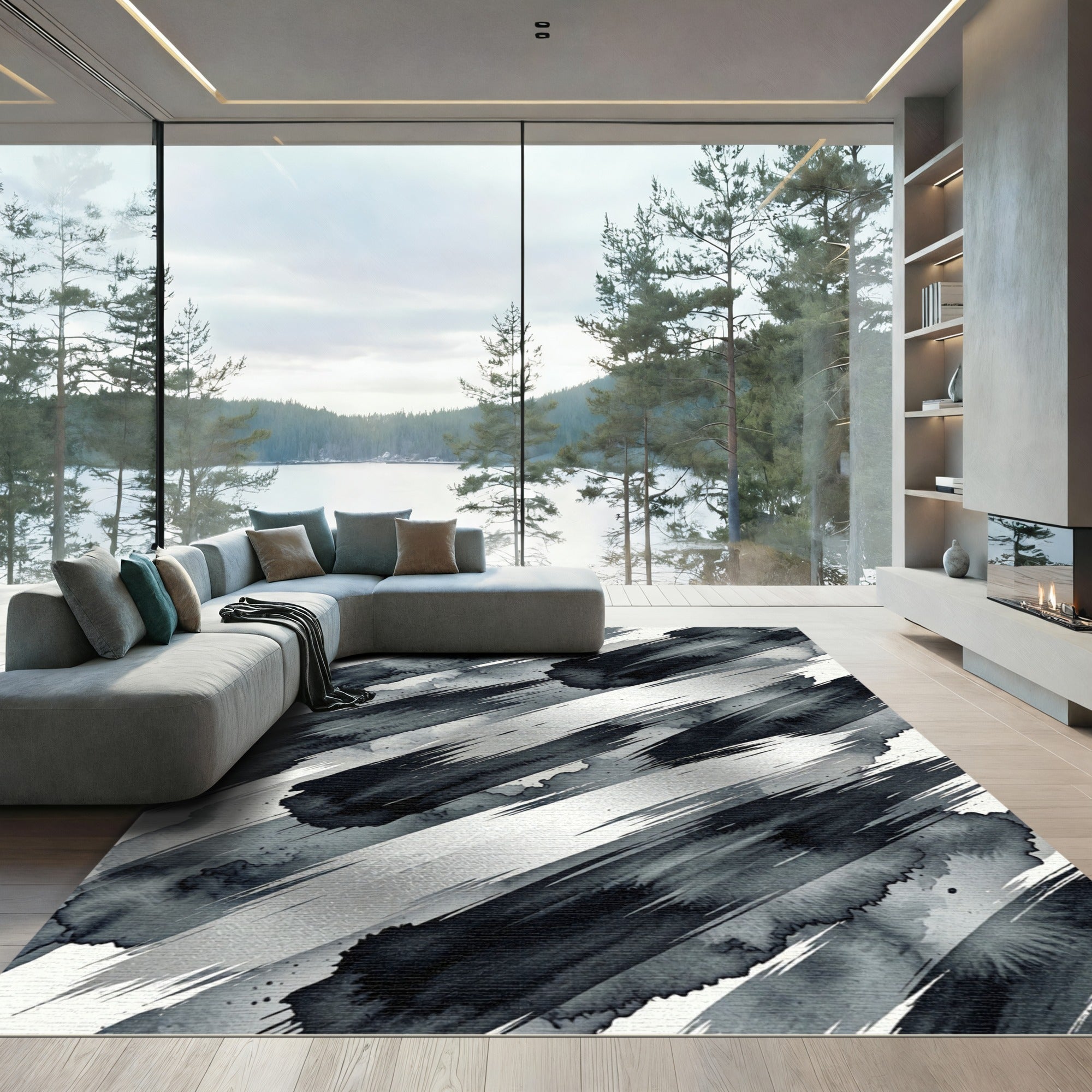 Dynamic Grayscale Ink Splatter Rug