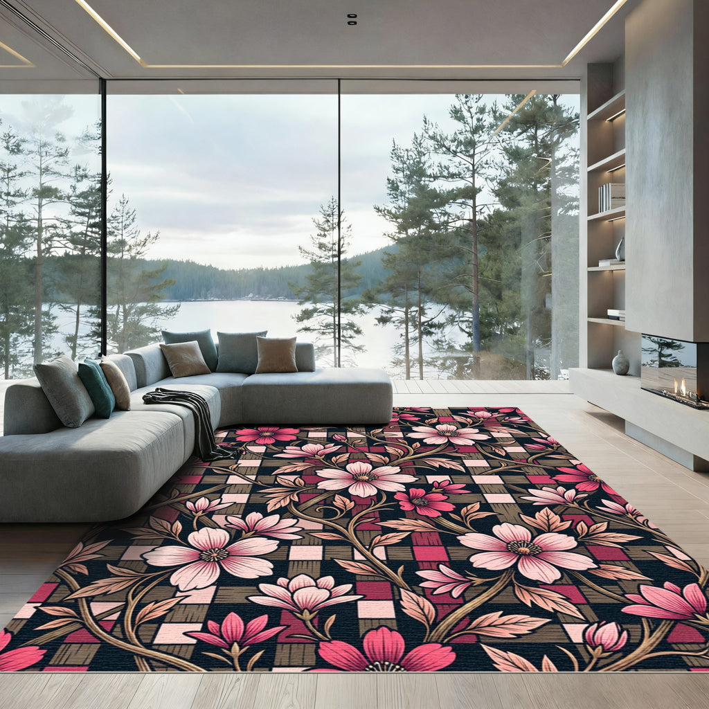 Floral Vine Tartan Pink Rug