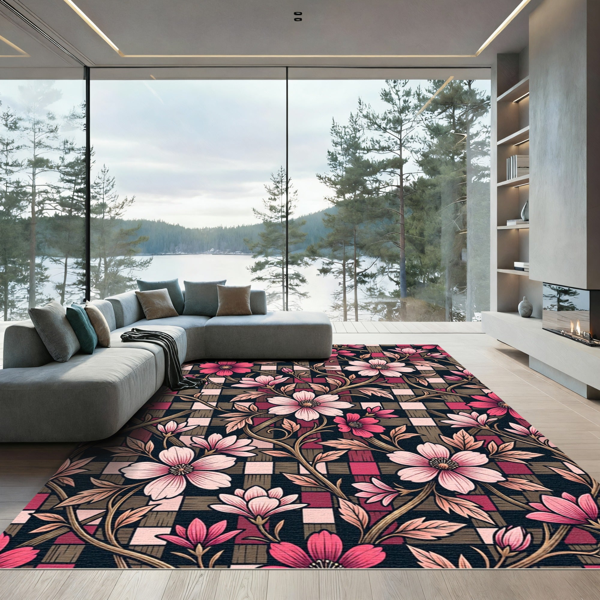 Floral Vine Tartan Pink Rug