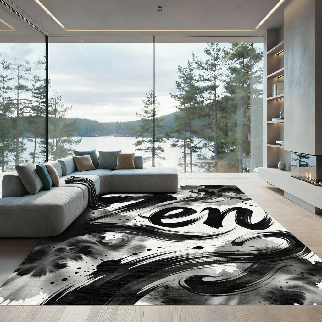 Black White Ink Wash Swirl Rug