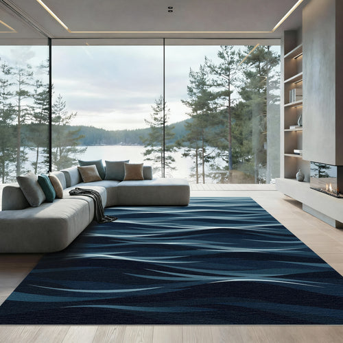 Abstract Navy Blue Rippling Water Rug