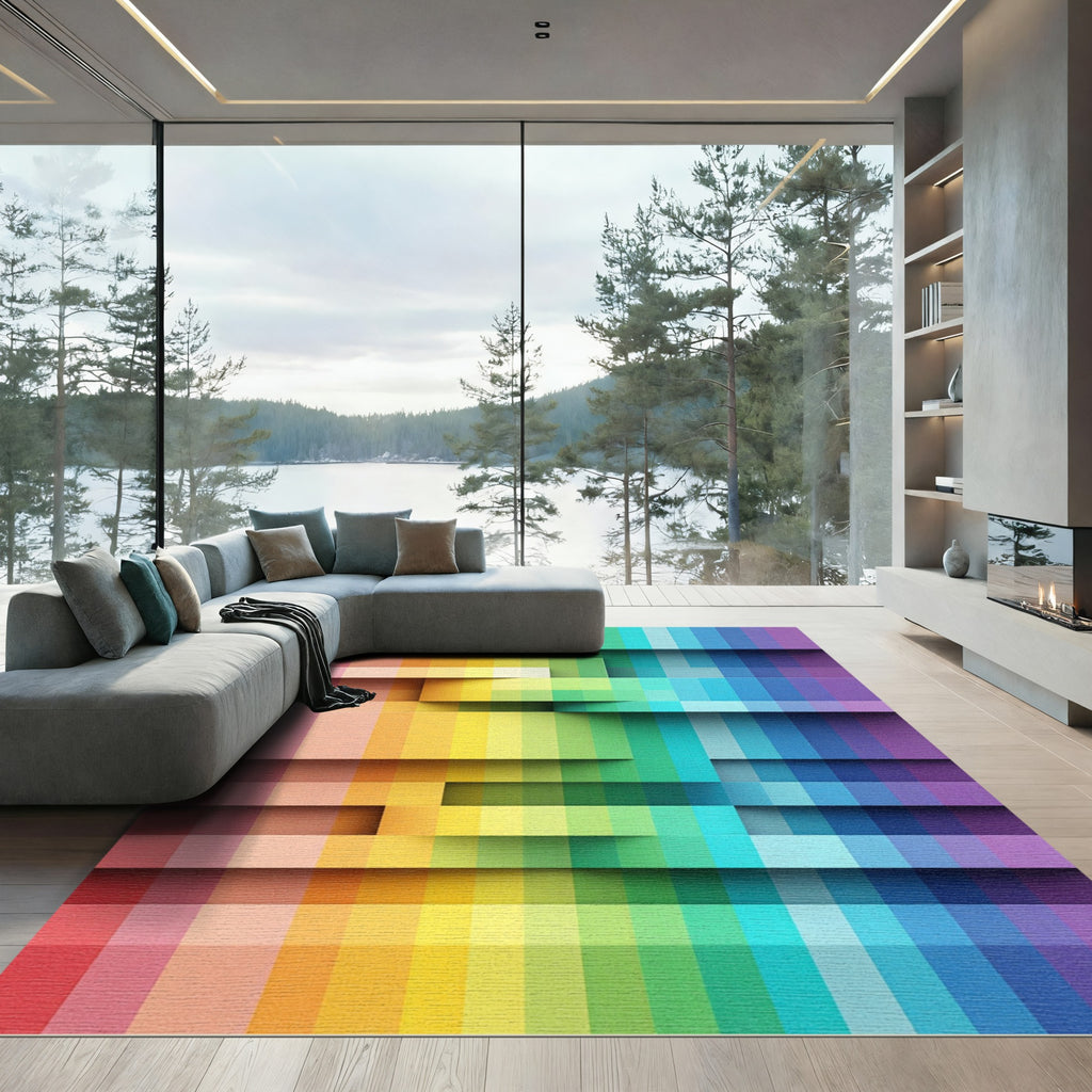 Vibrant Rainbow Gradient Offset Blocks Rug