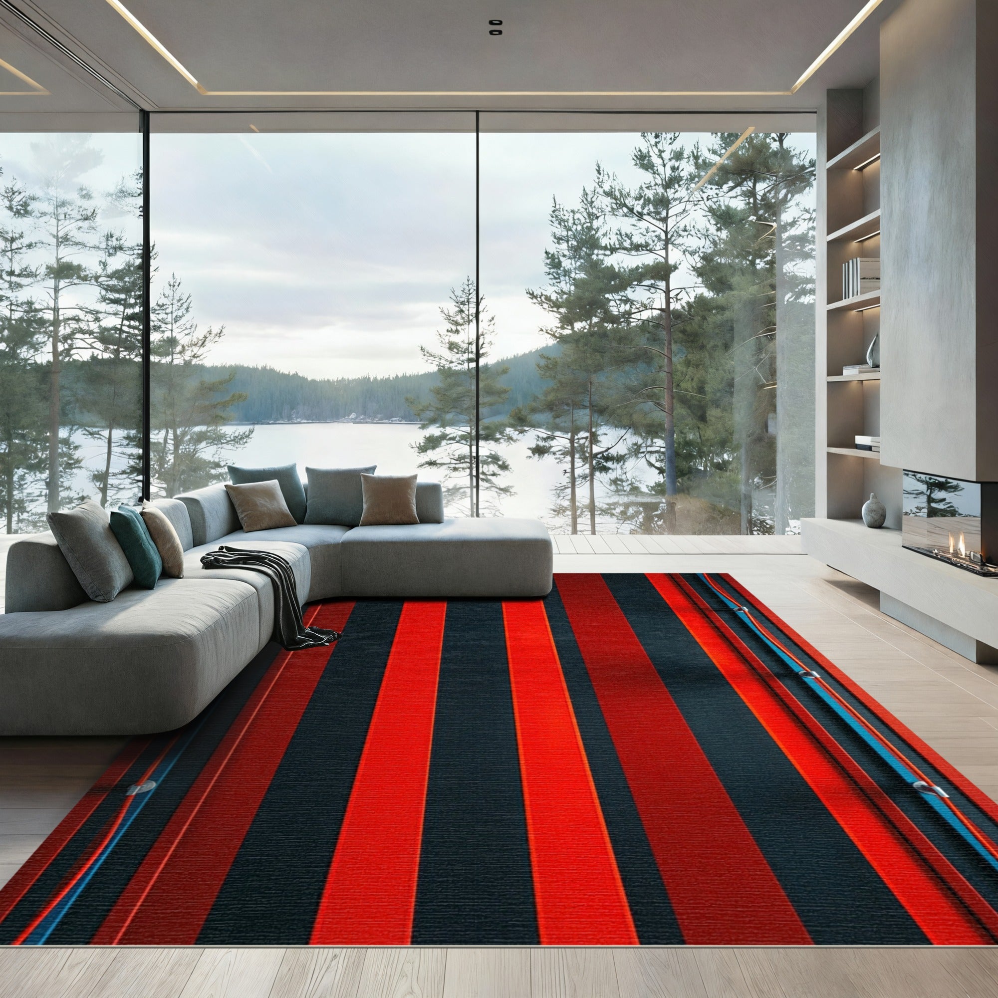 Bold Red Black Stripe Composition Rug