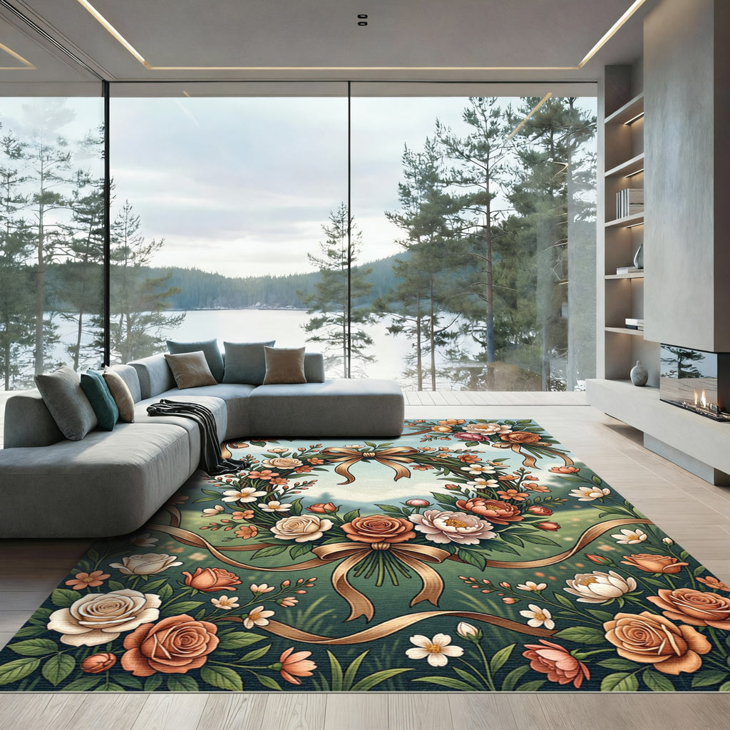 Elegant Floral Wreath with Ribbon Rug