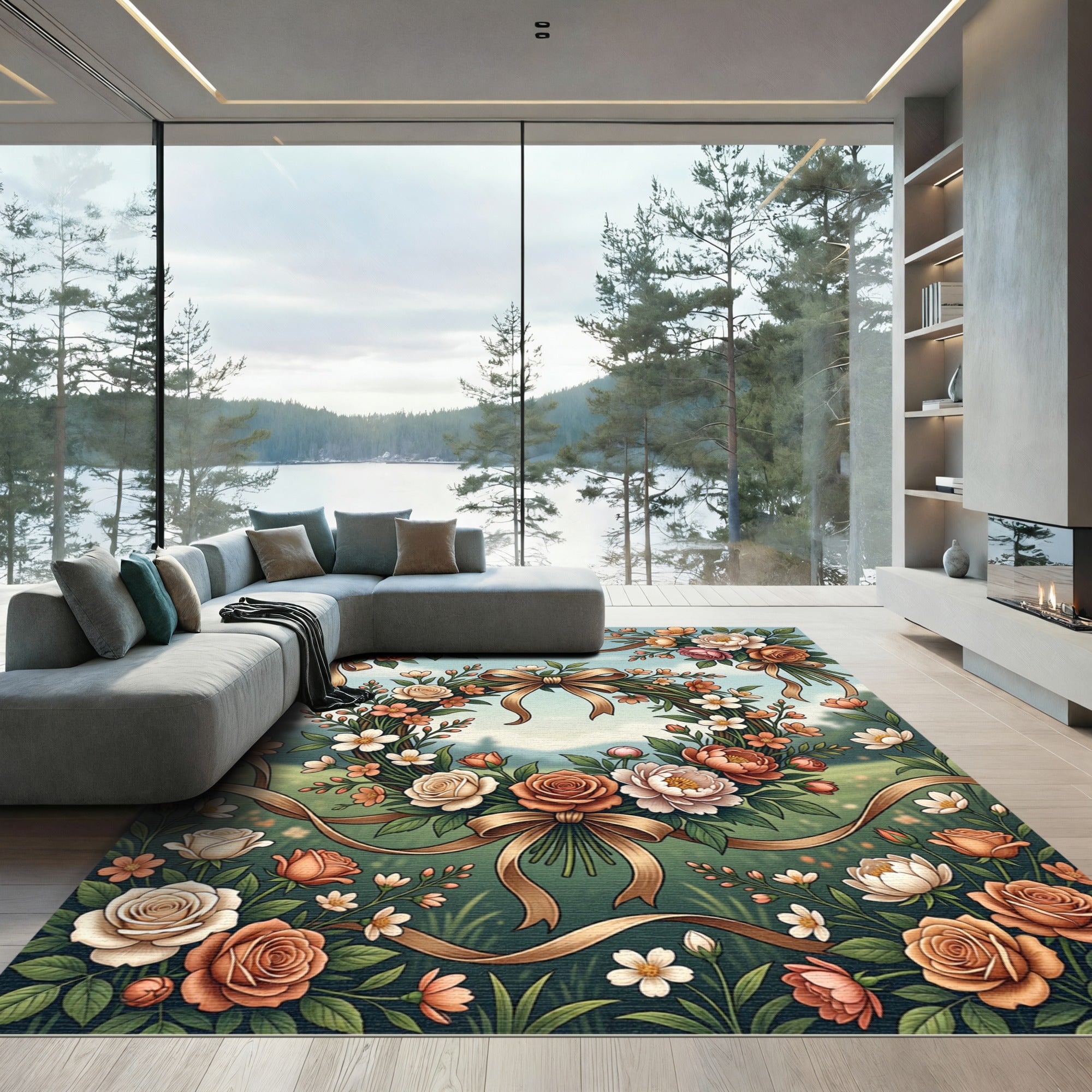 Elegant Floral Wreath with Ribbon Rug