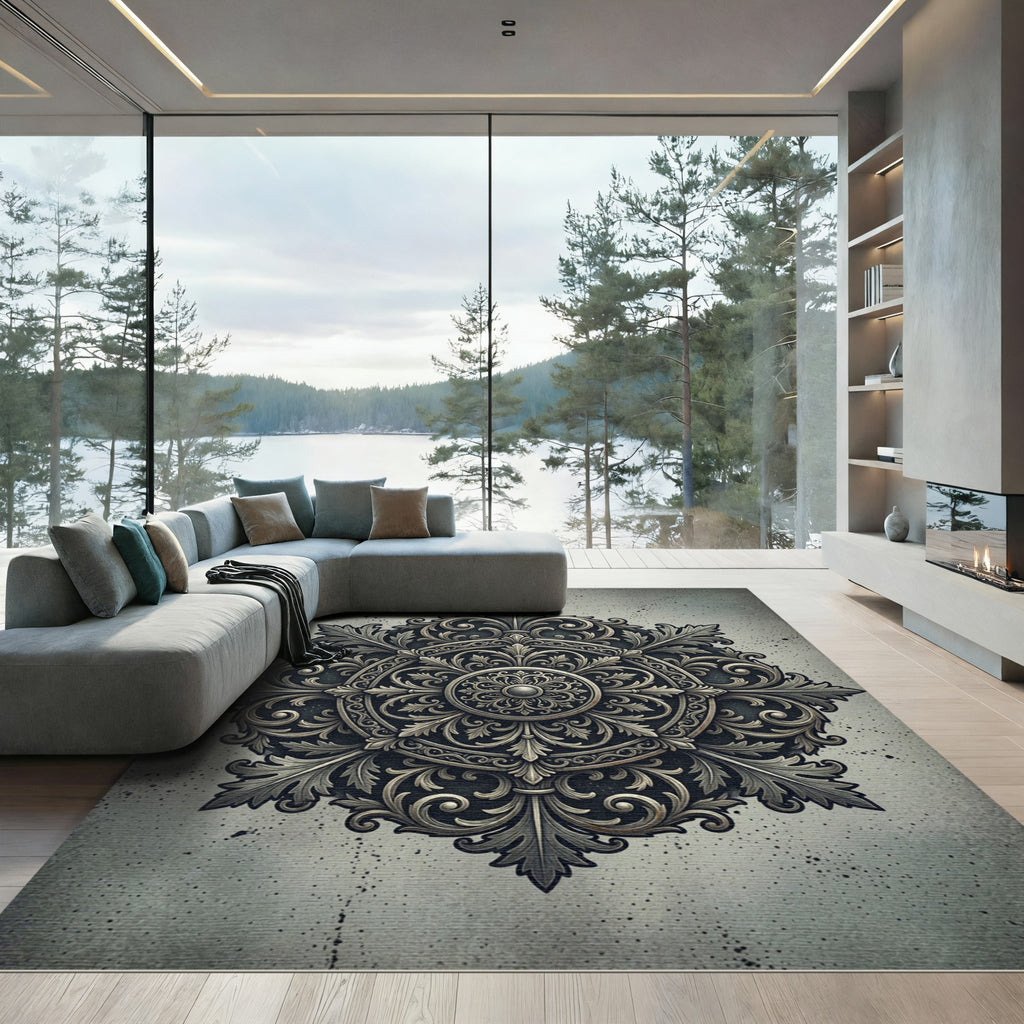 Elegant Silver Metallic Ornate Medallion Rug