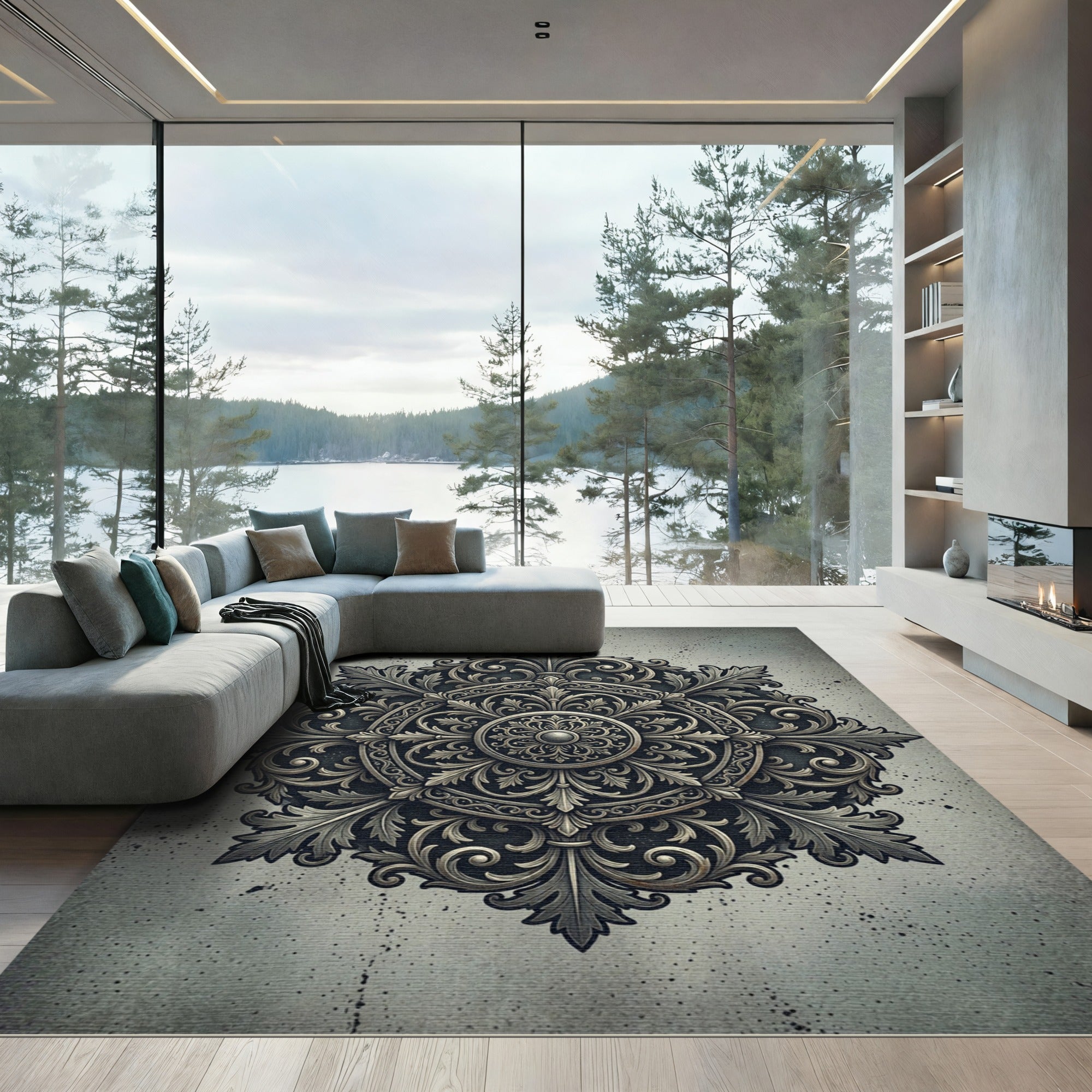 Elegant Silver Metallic Ornate Medallion Rug