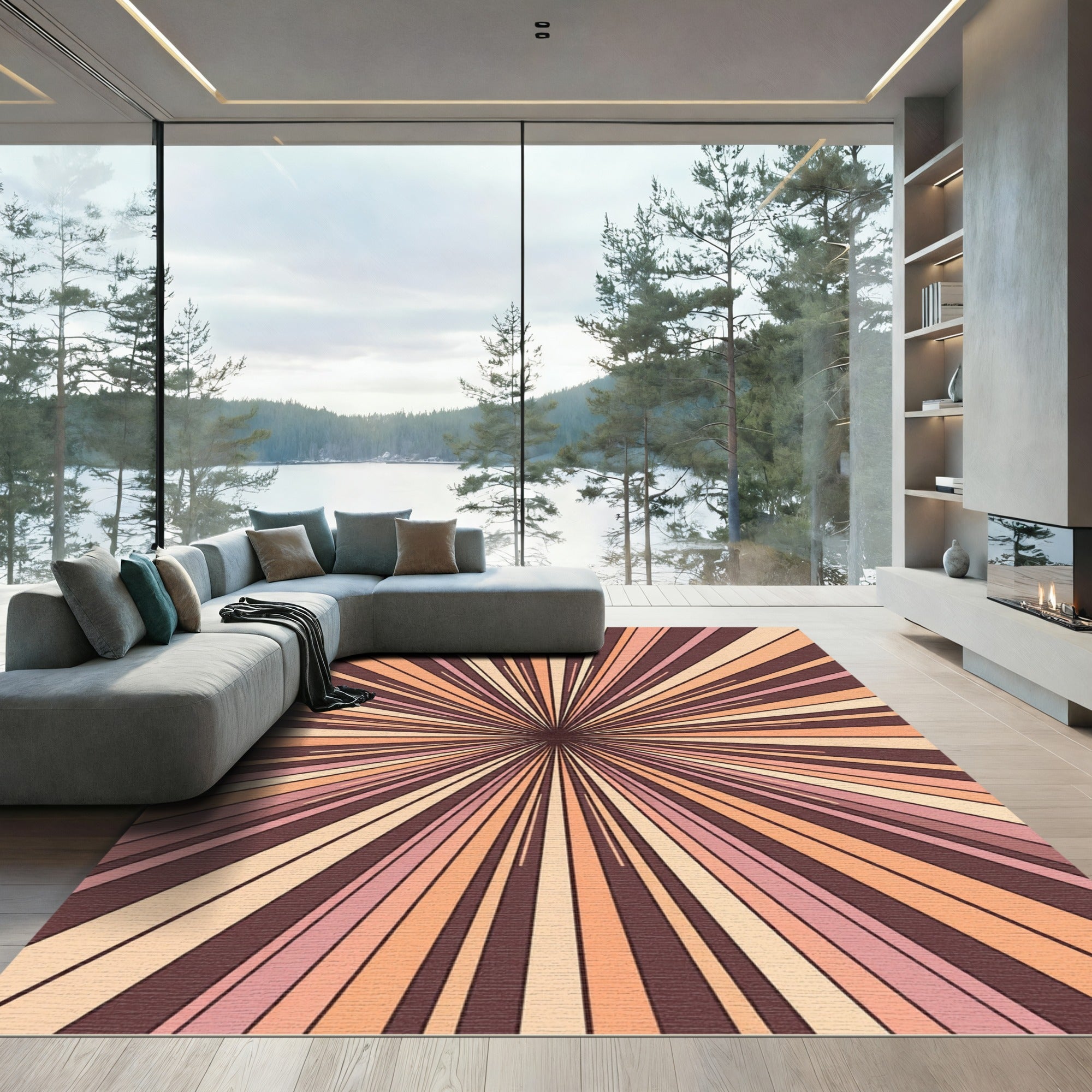 Retro Sunburst Peach Cream Lines Rug