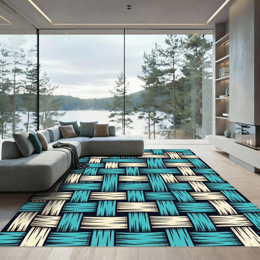 Teal and Cream Interwoven Woven Check Rug
