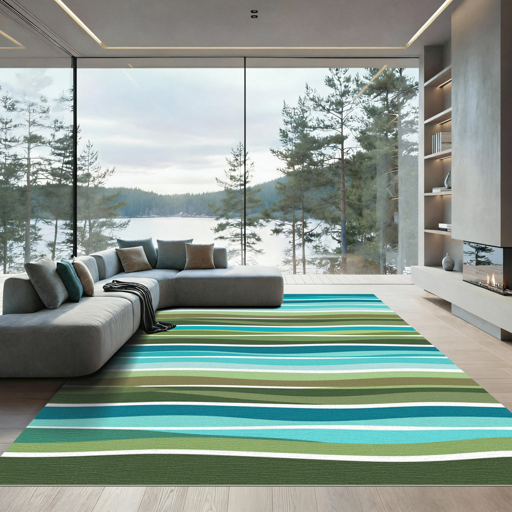 Coastal Blue Green Wavy Stripes Rug