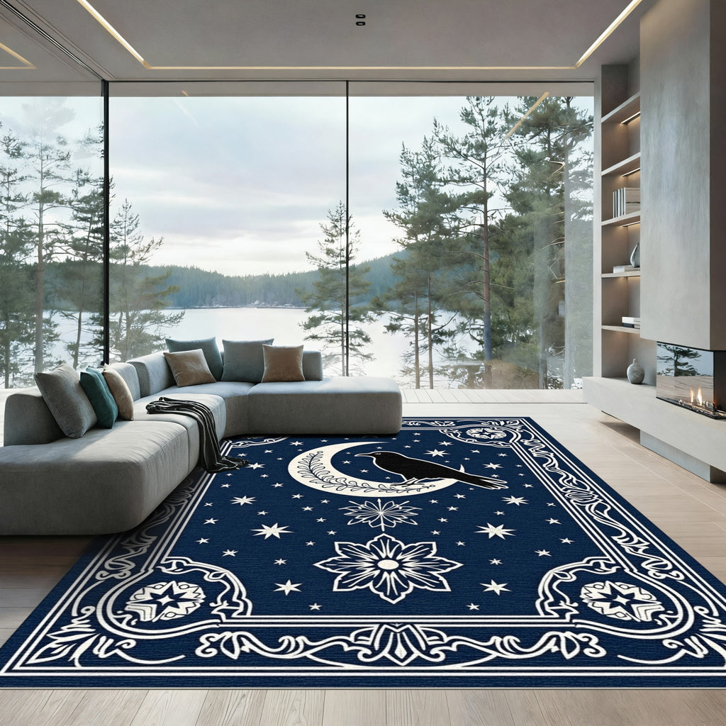 Midnight Raven Crescent Moon Stars Rug