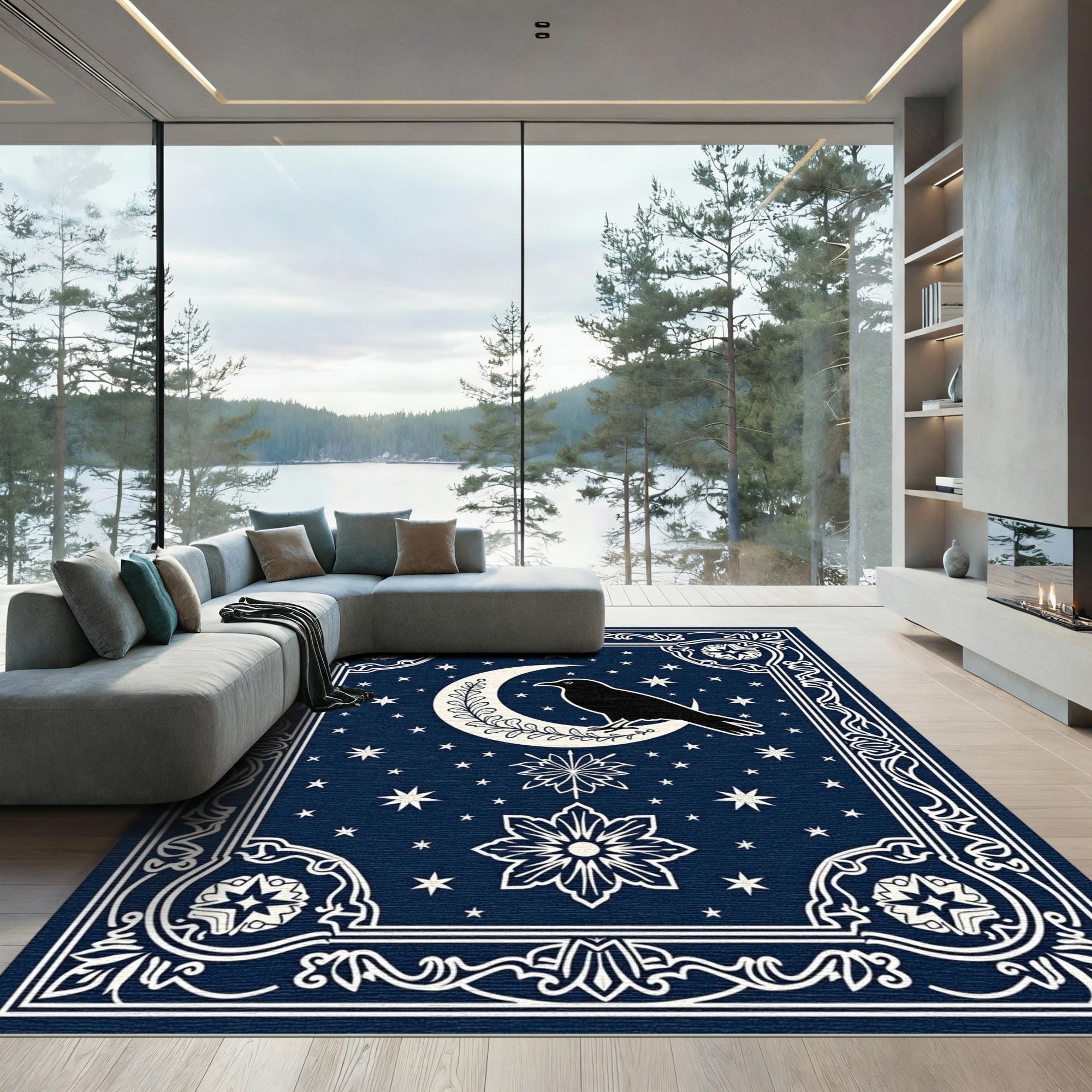 Midnight Raven Crescent Moon Stars Rug
