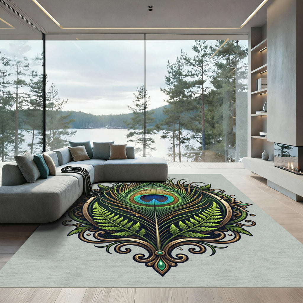 Ornate Emerald Peacock Feather Medallion Rug