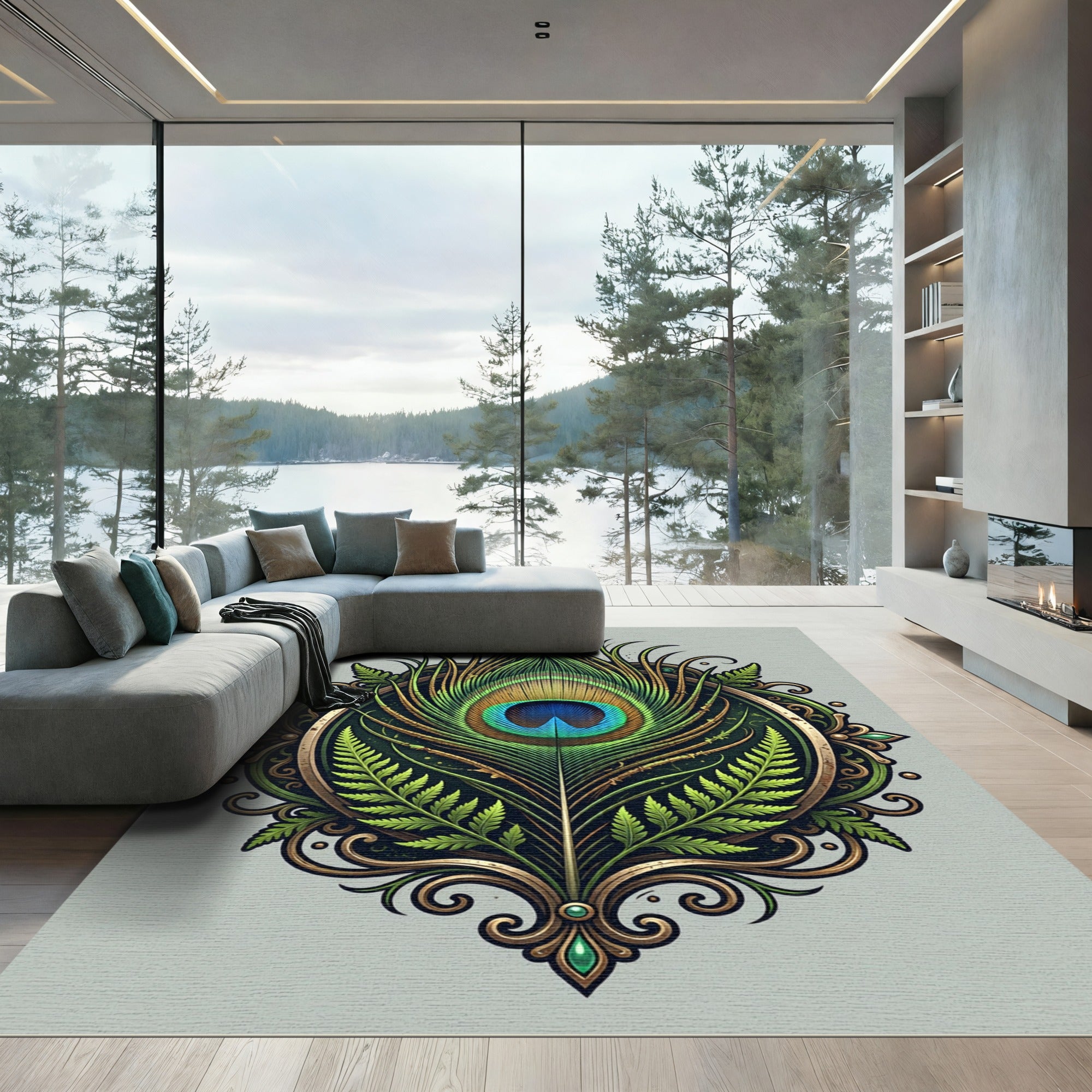 Ornate Emerald Peacock Feather Medallion Rug