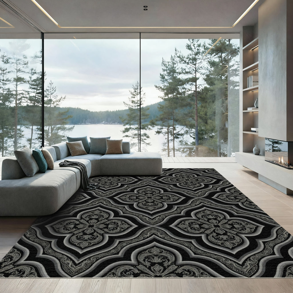 Ornate Gray quatrefoil Black background Rug
