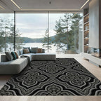 Ornate Gray quatrefoil Black background Rug