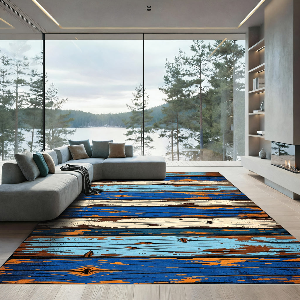 Rustic Weathered Blue and Cream Planks Rug