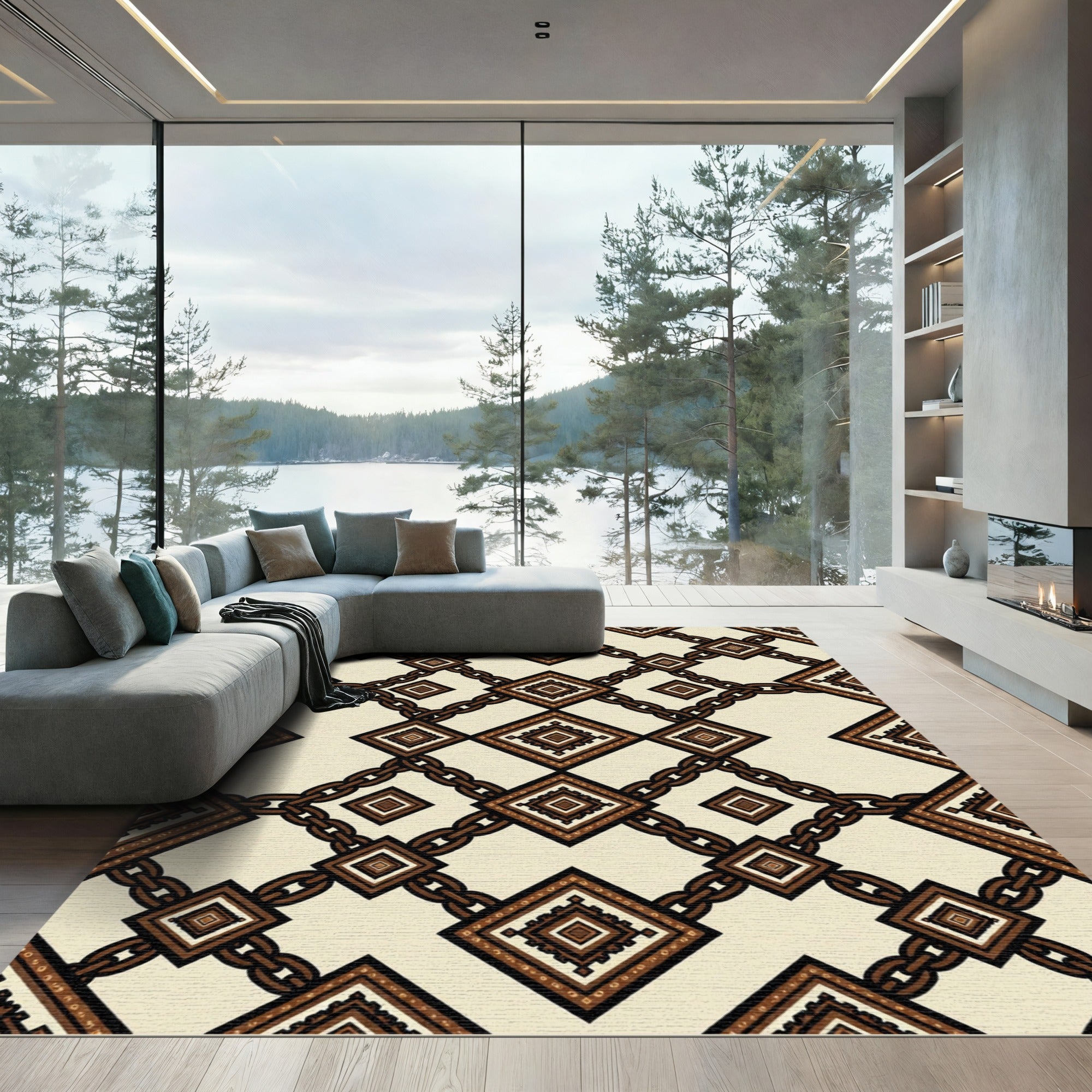 Brown Chain Geometric Diamond Rug