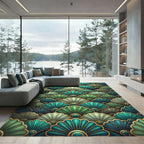 Ornate Teal Green Fan Arrangement Rug
