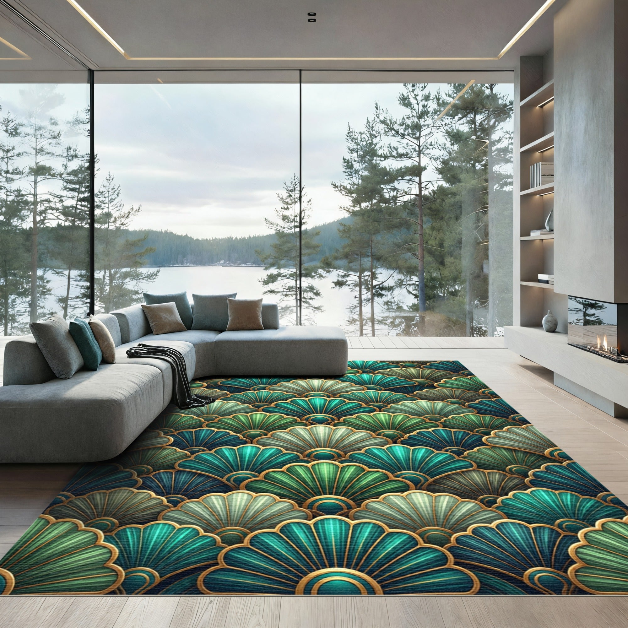Ornate Teal Green Fan Arrangement Rug
