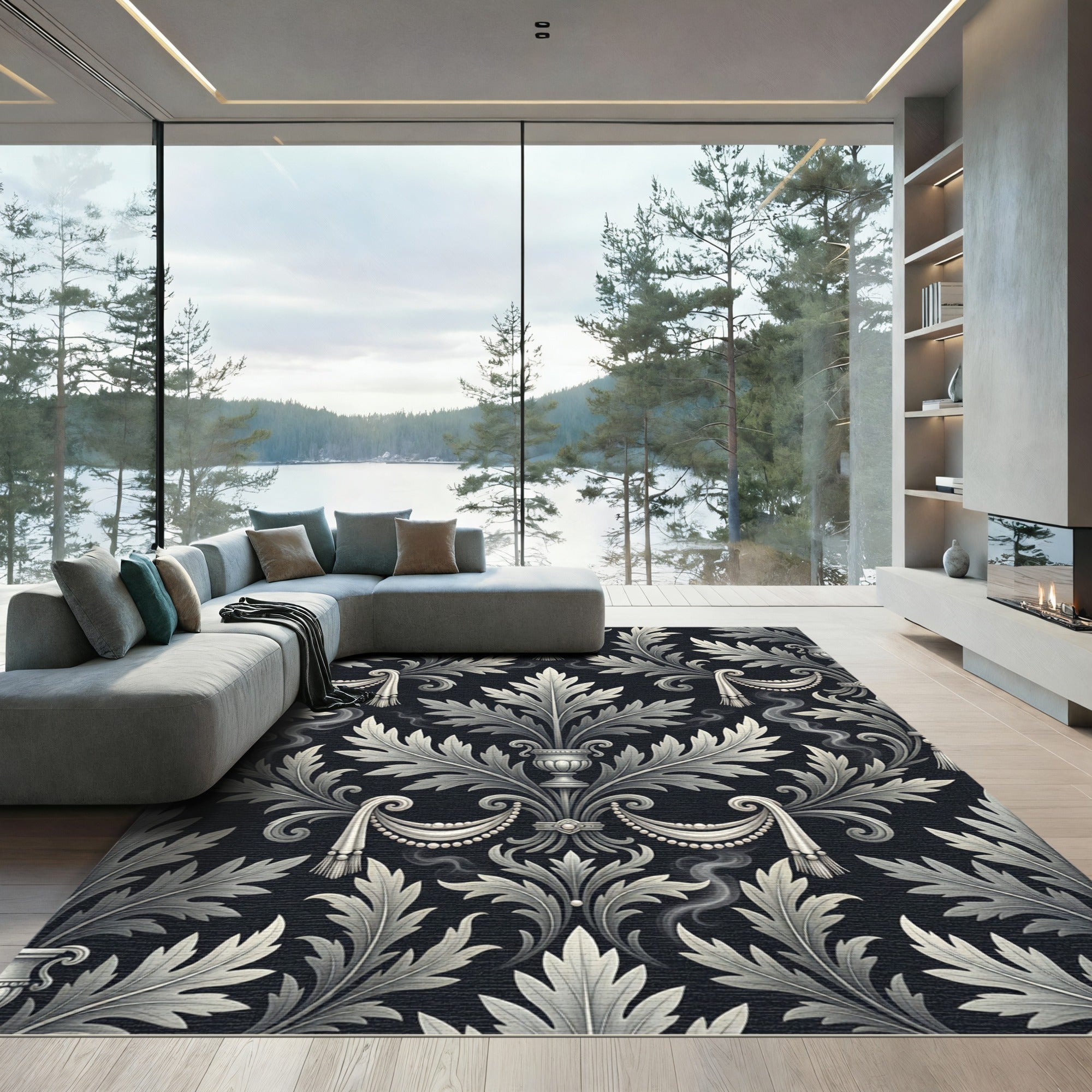 Ornate Black Silver Acanthus Scroll Rug