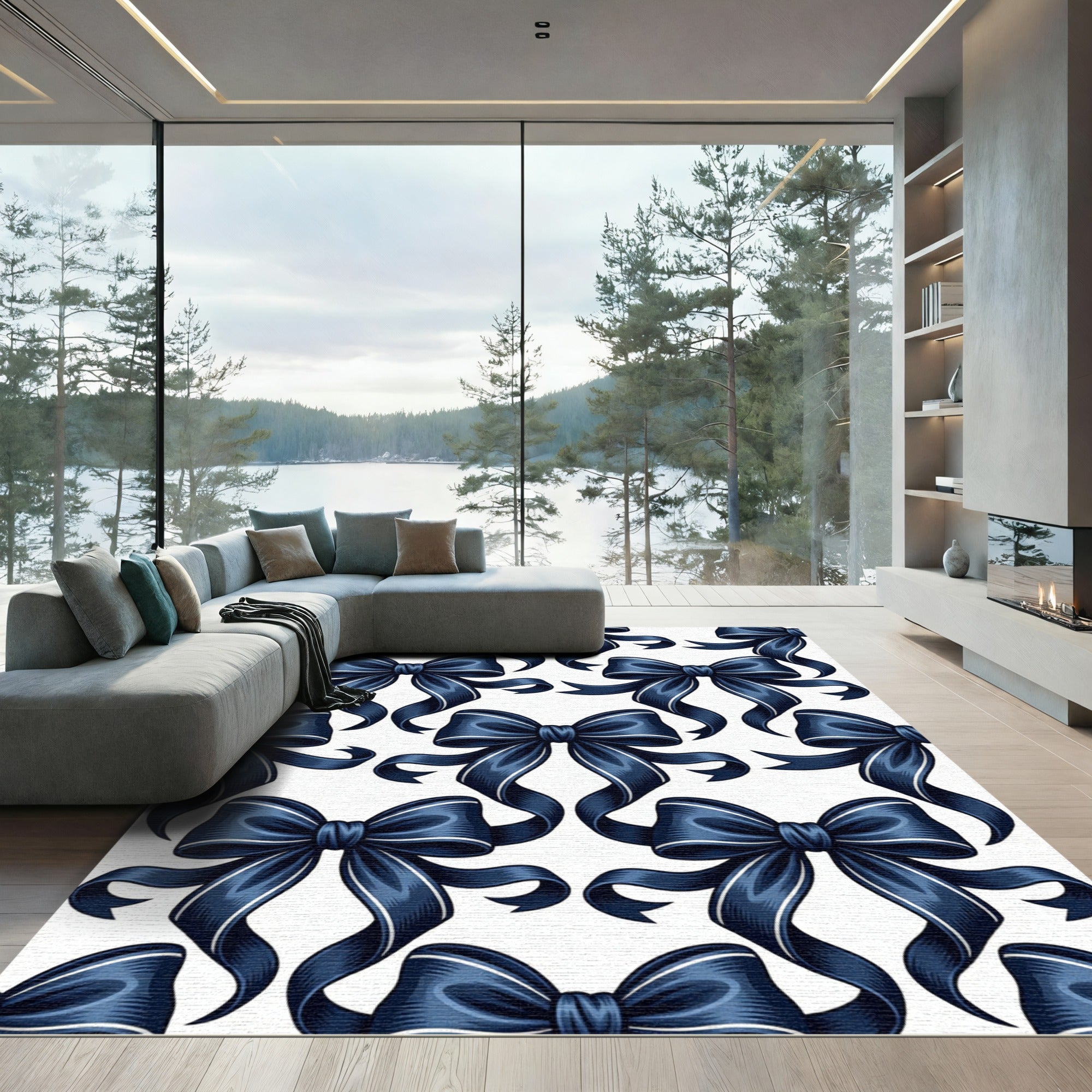 Navy Blue Elegant Ribbon Bows Rug