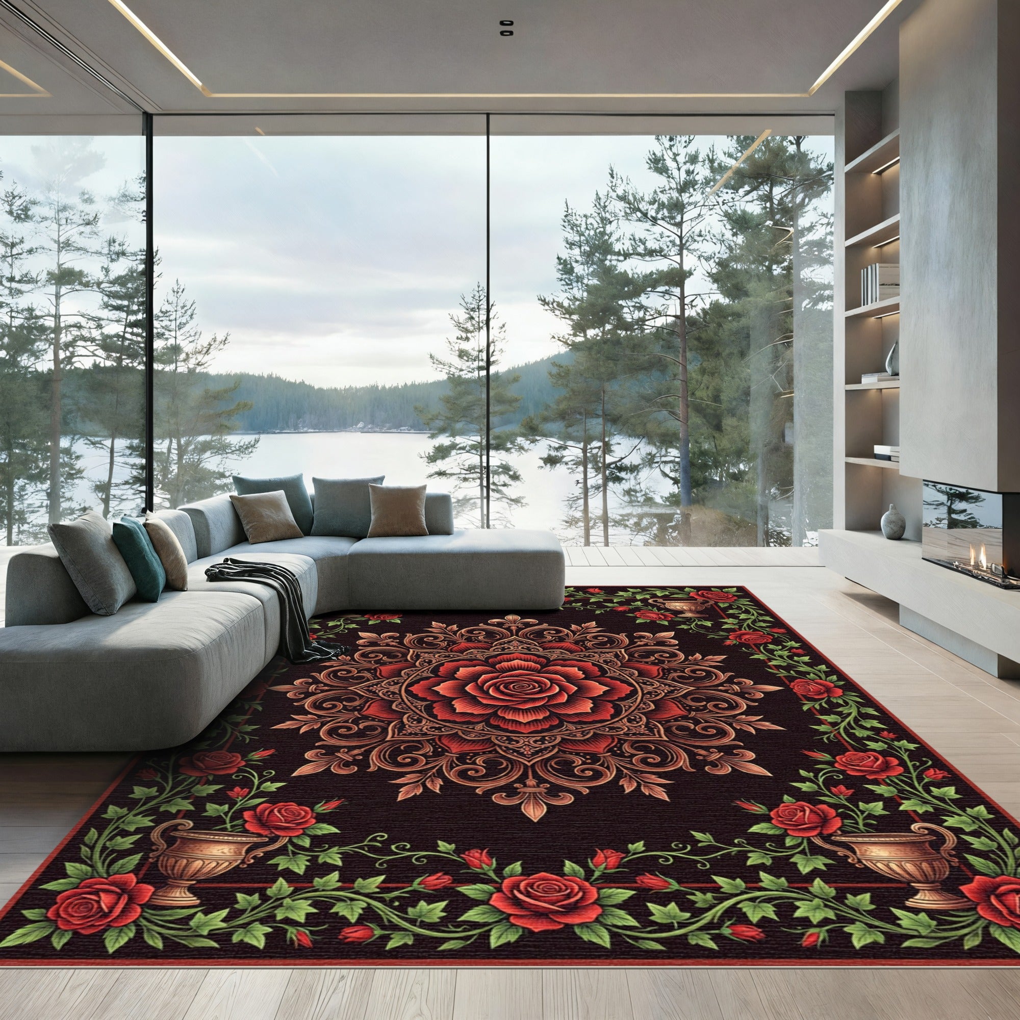 Rich Red Rose Floral Vine Mandala Rug