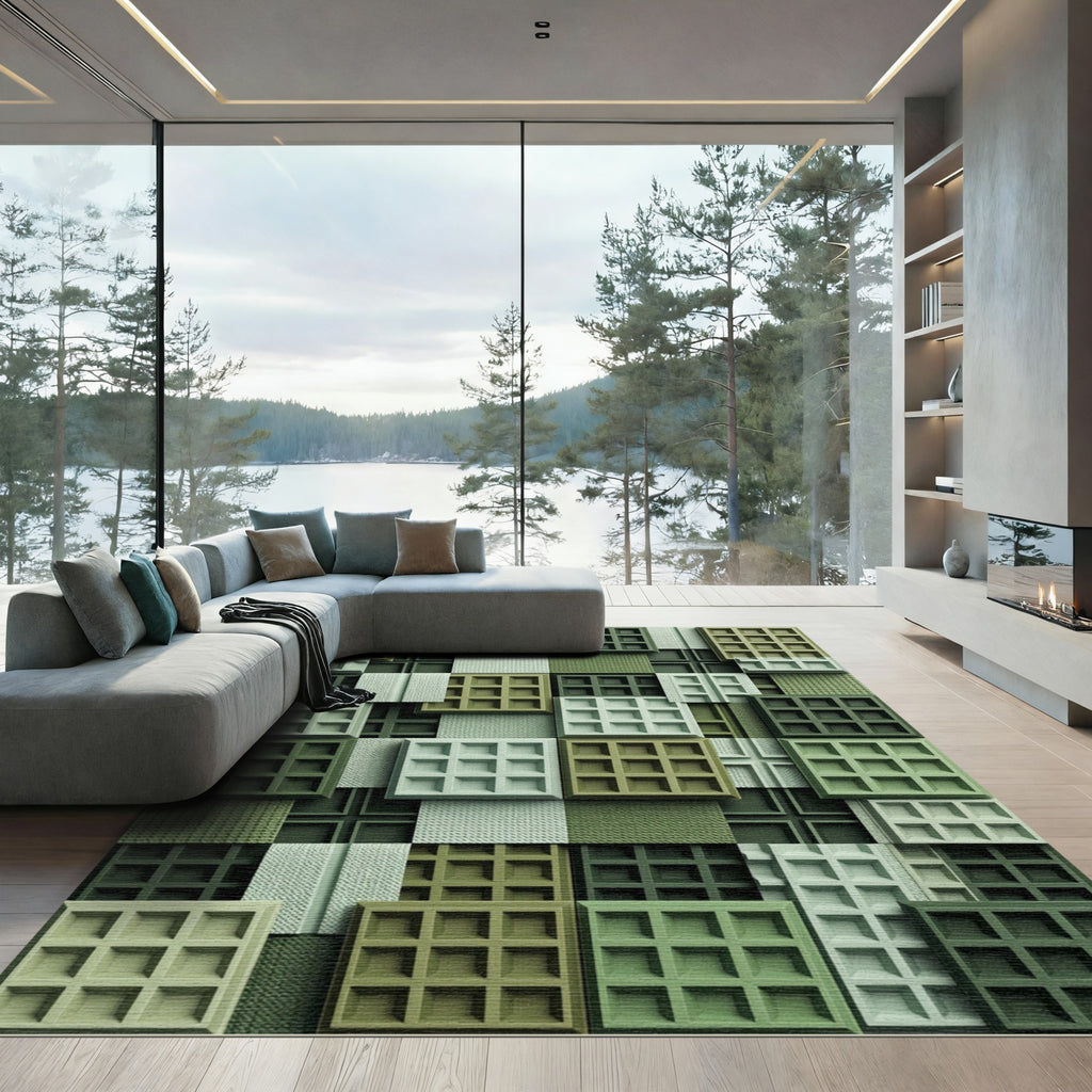 Sage Green Three Dimensional Waffle Grid Rug