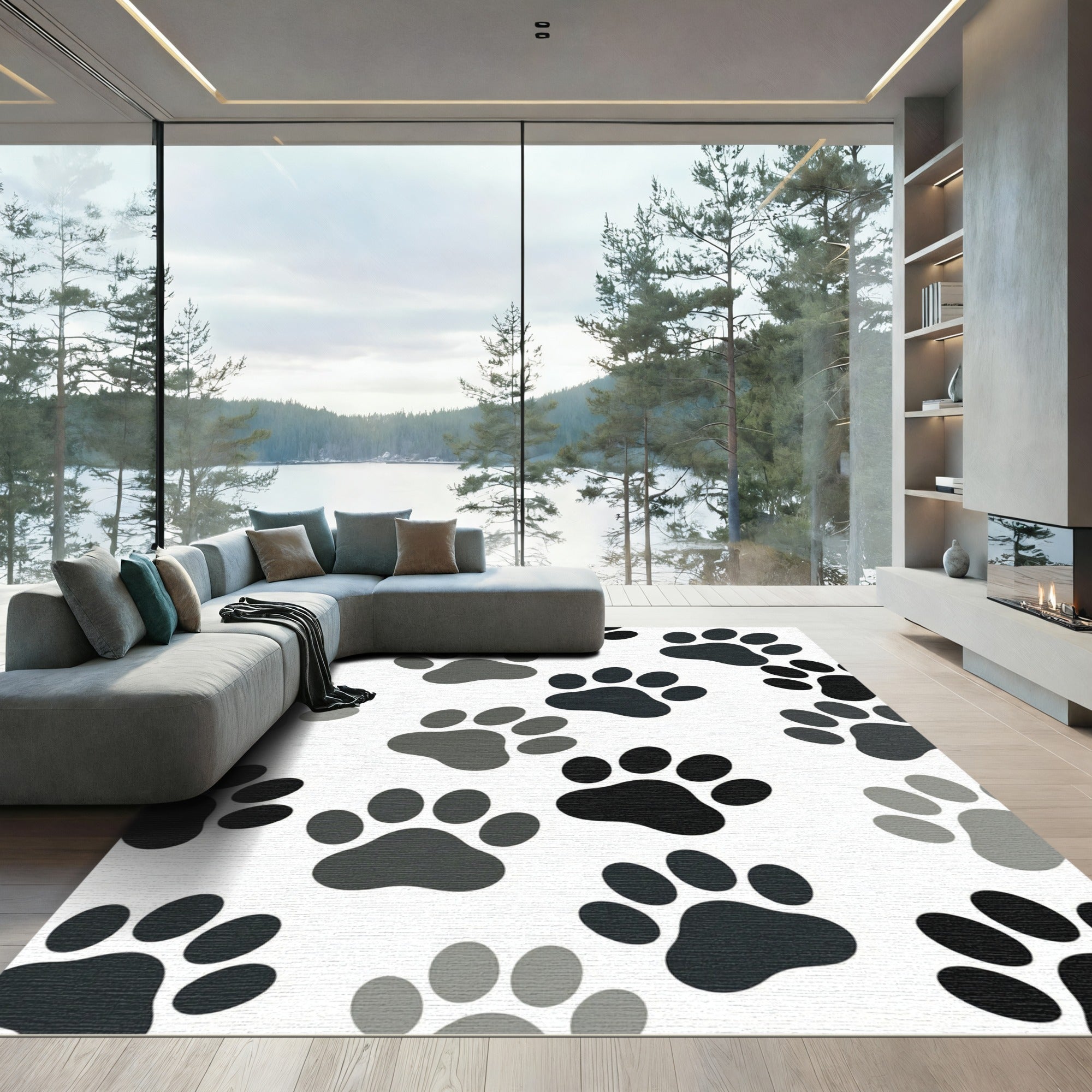 Playful Monochrome Animal Paw Footprints Rug