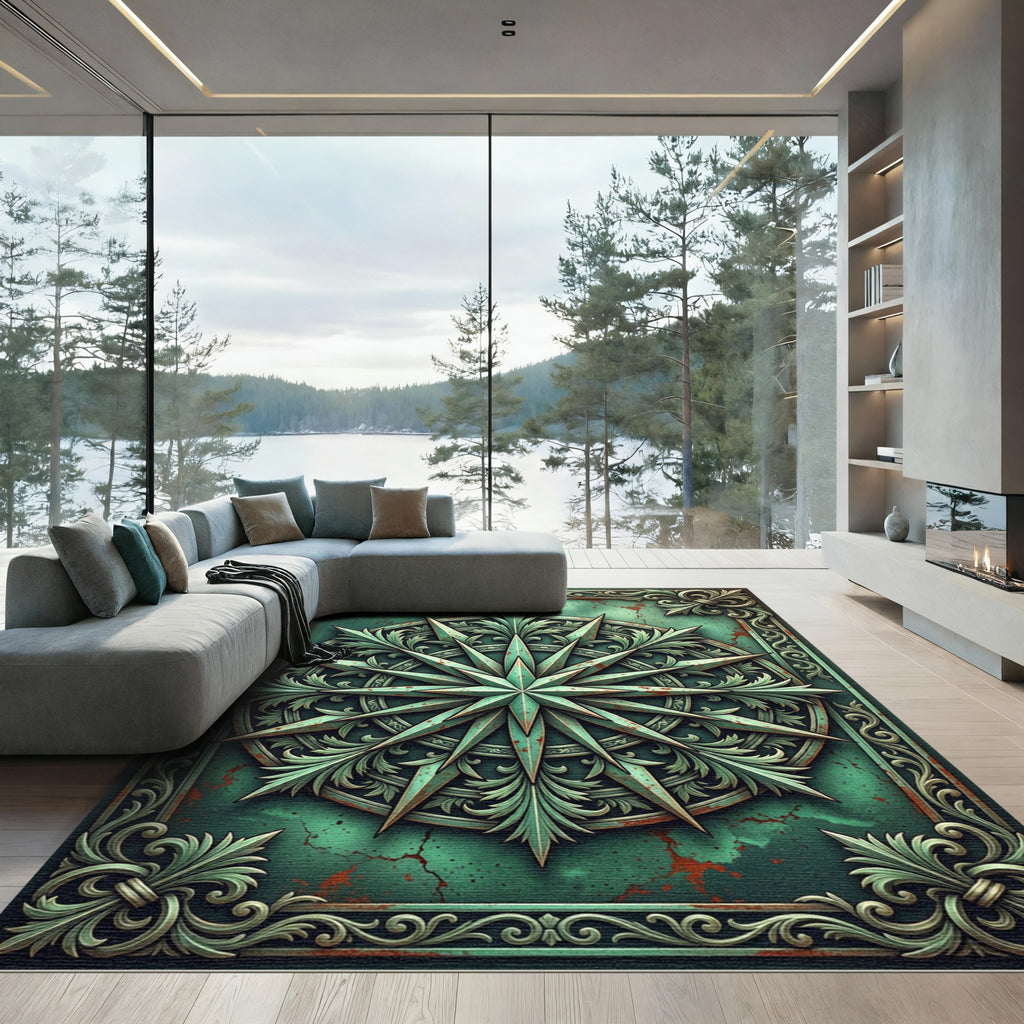 Patinated Teal Compass Star Ornament Rug