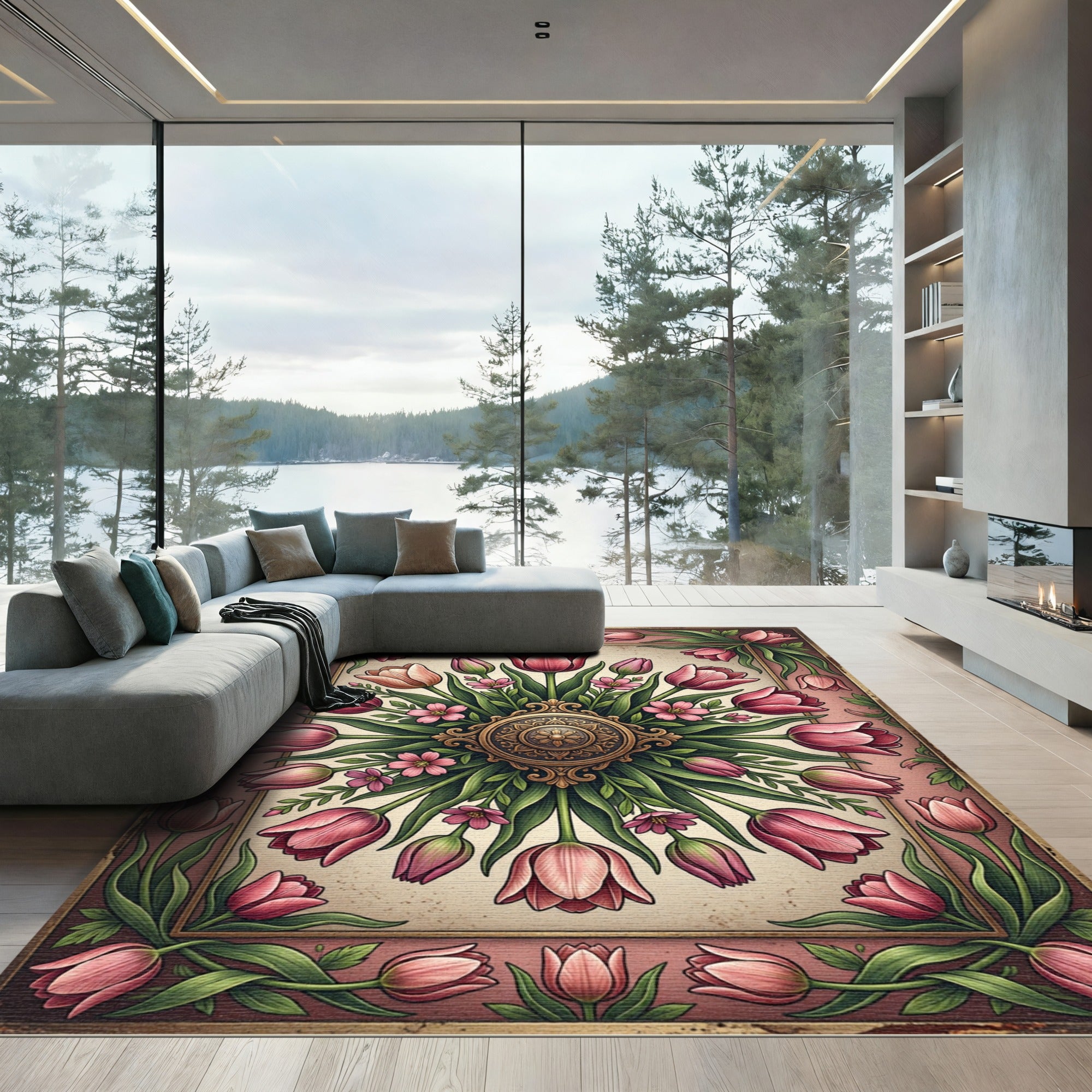 Vintage Rose Tulip Floral Medallion Rug