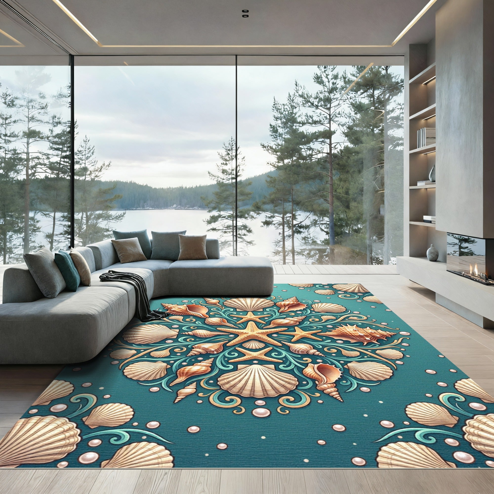 Teal Coastal Seashell Mandala Illustration Rug