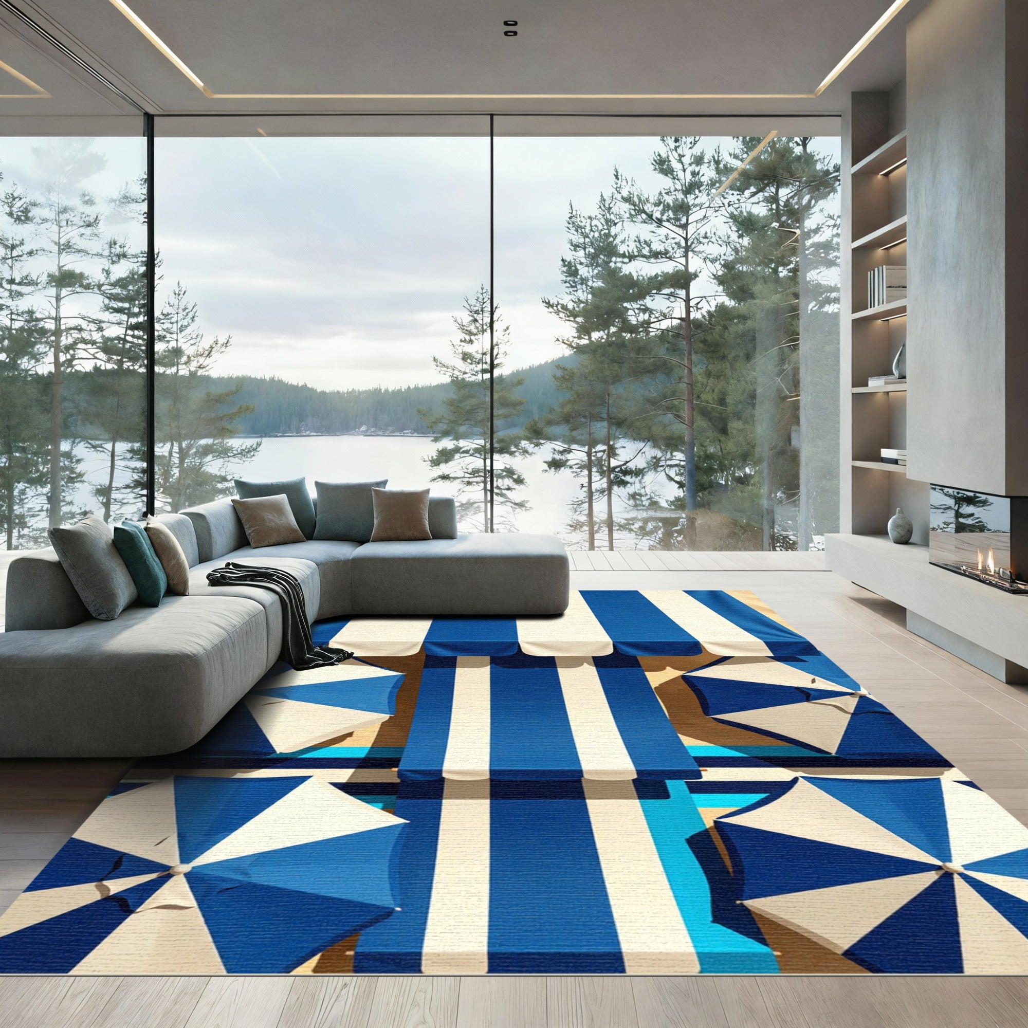 Navy and White Vertical Stripe Rug