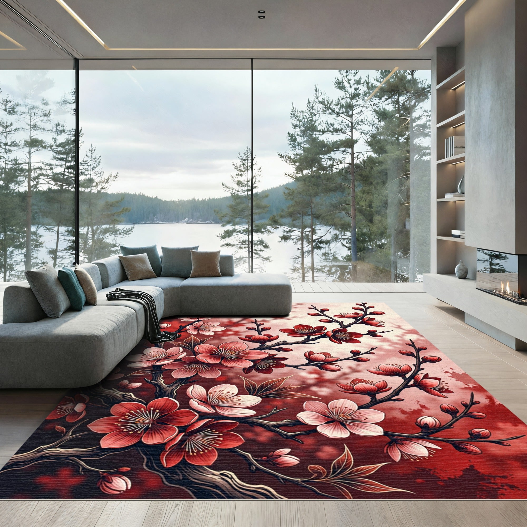 Crimson Cherry Blossom Branches Rug