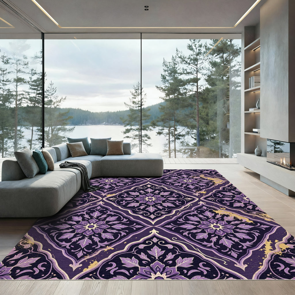 Elegant Royal Purple Floral Damask Rug
