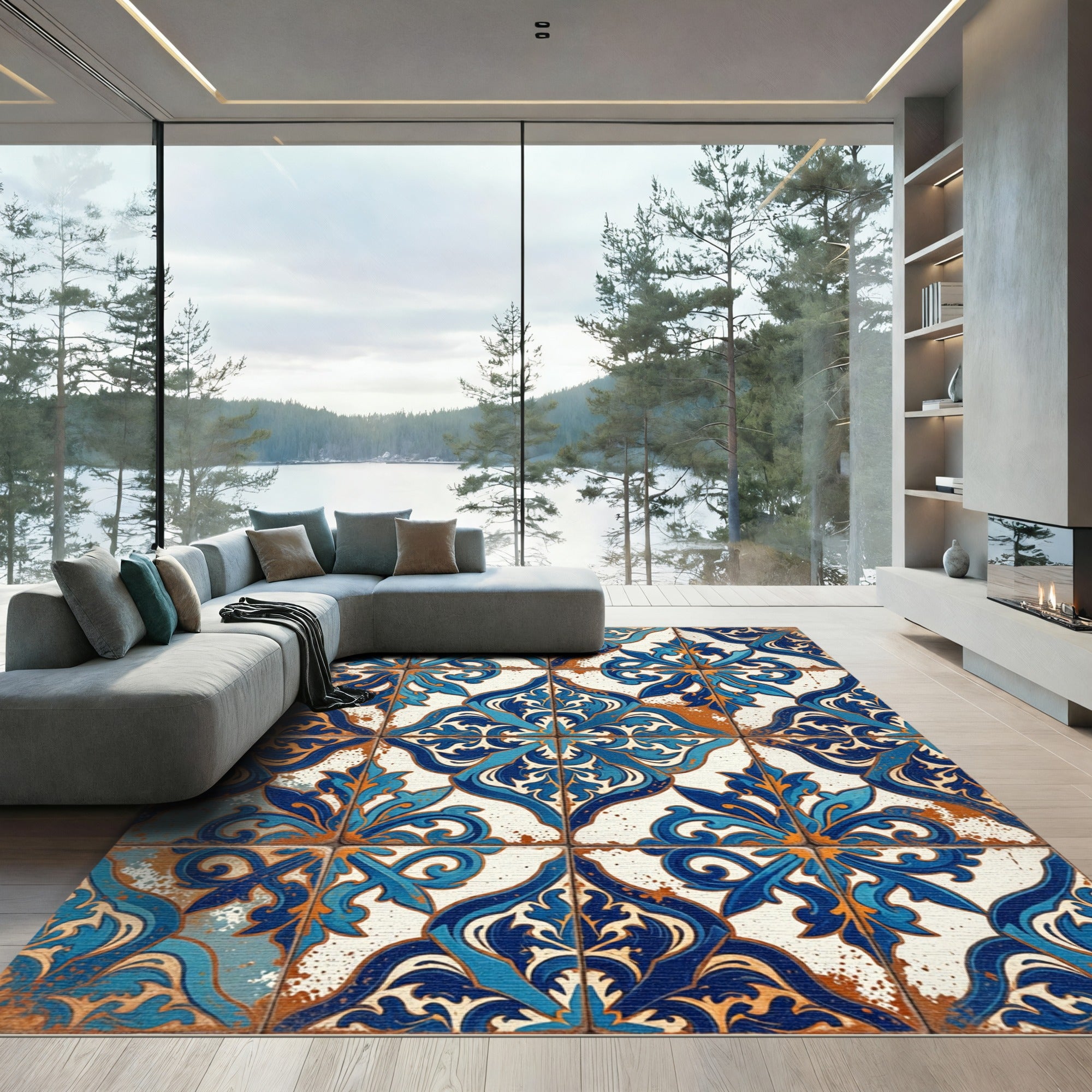 Blue White Orange Floral Arabesque Rug