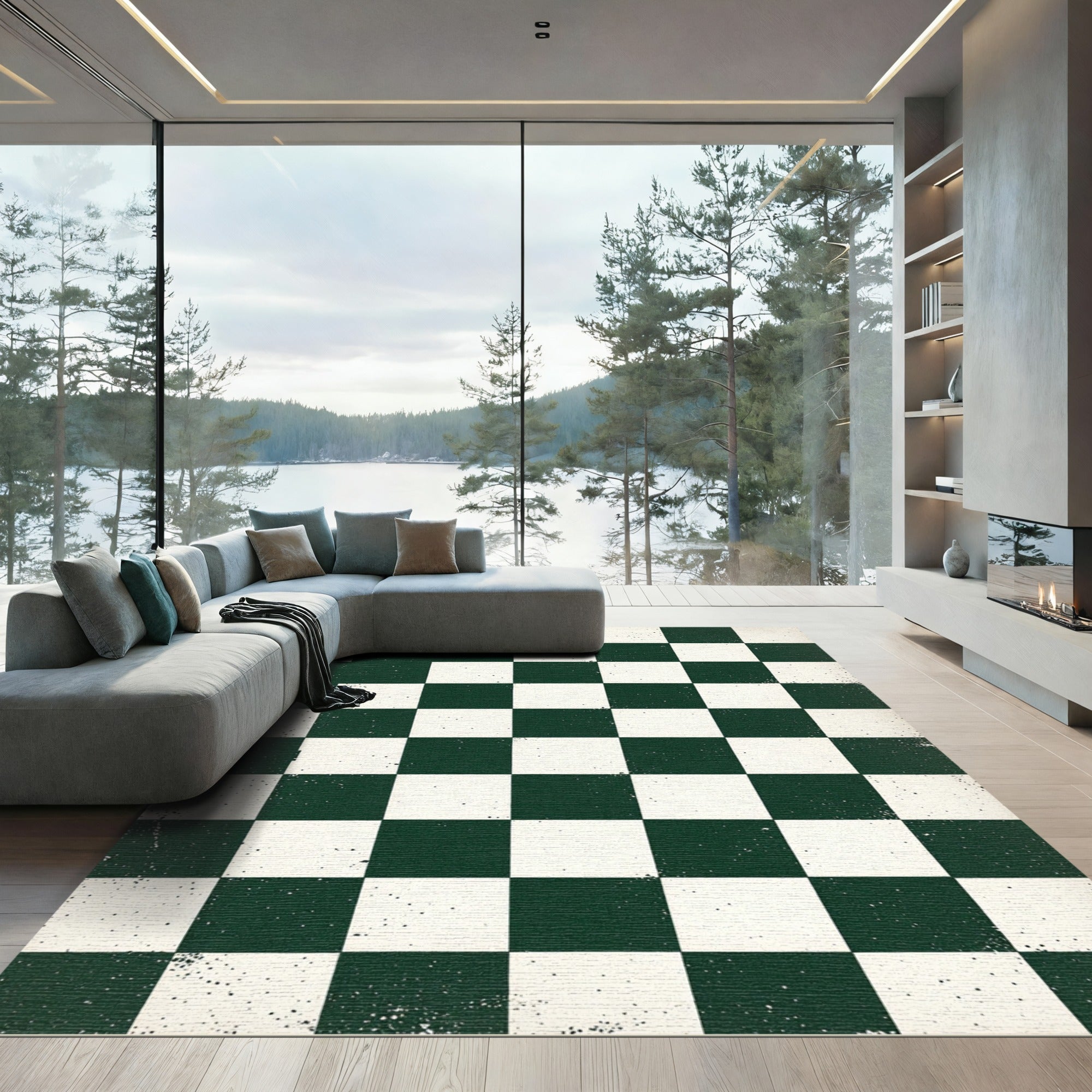 Dark Green White Checkerboard Grunge Texture Rug