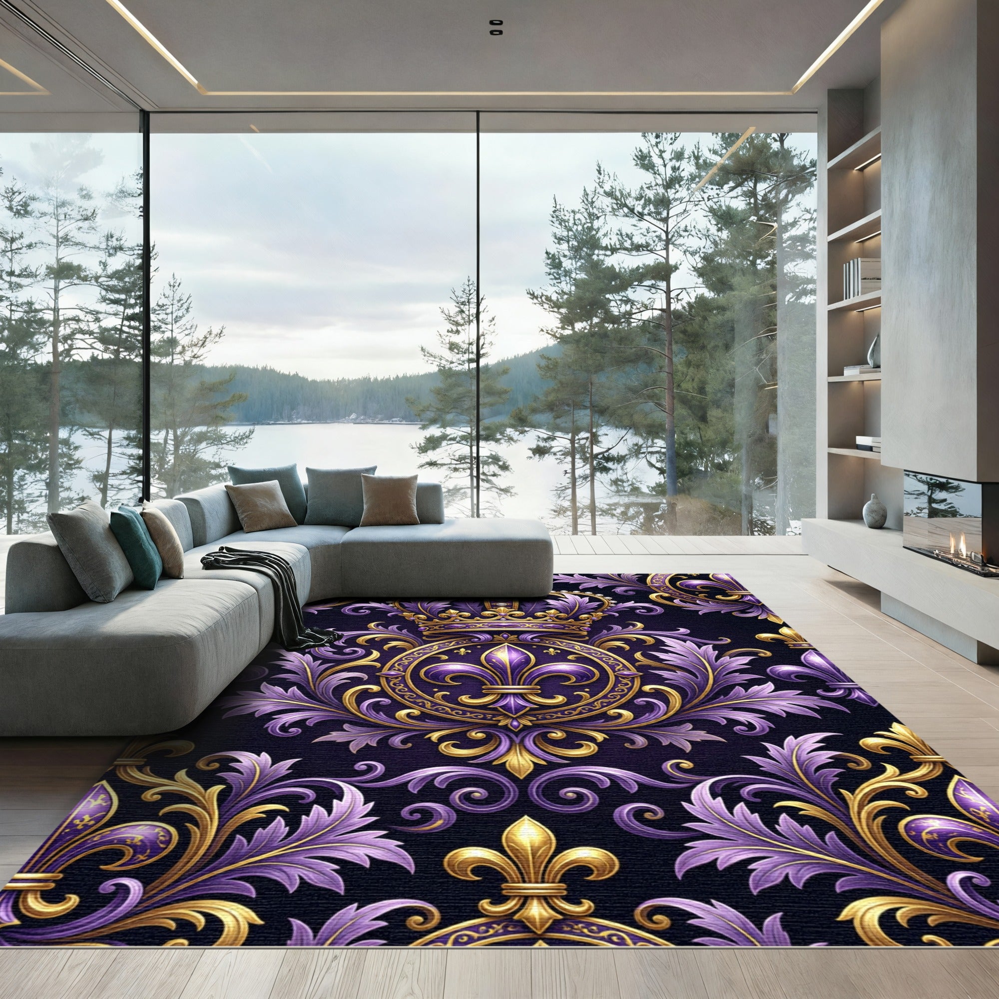 Royal Purple and Gold Fleur-de-lis Rug