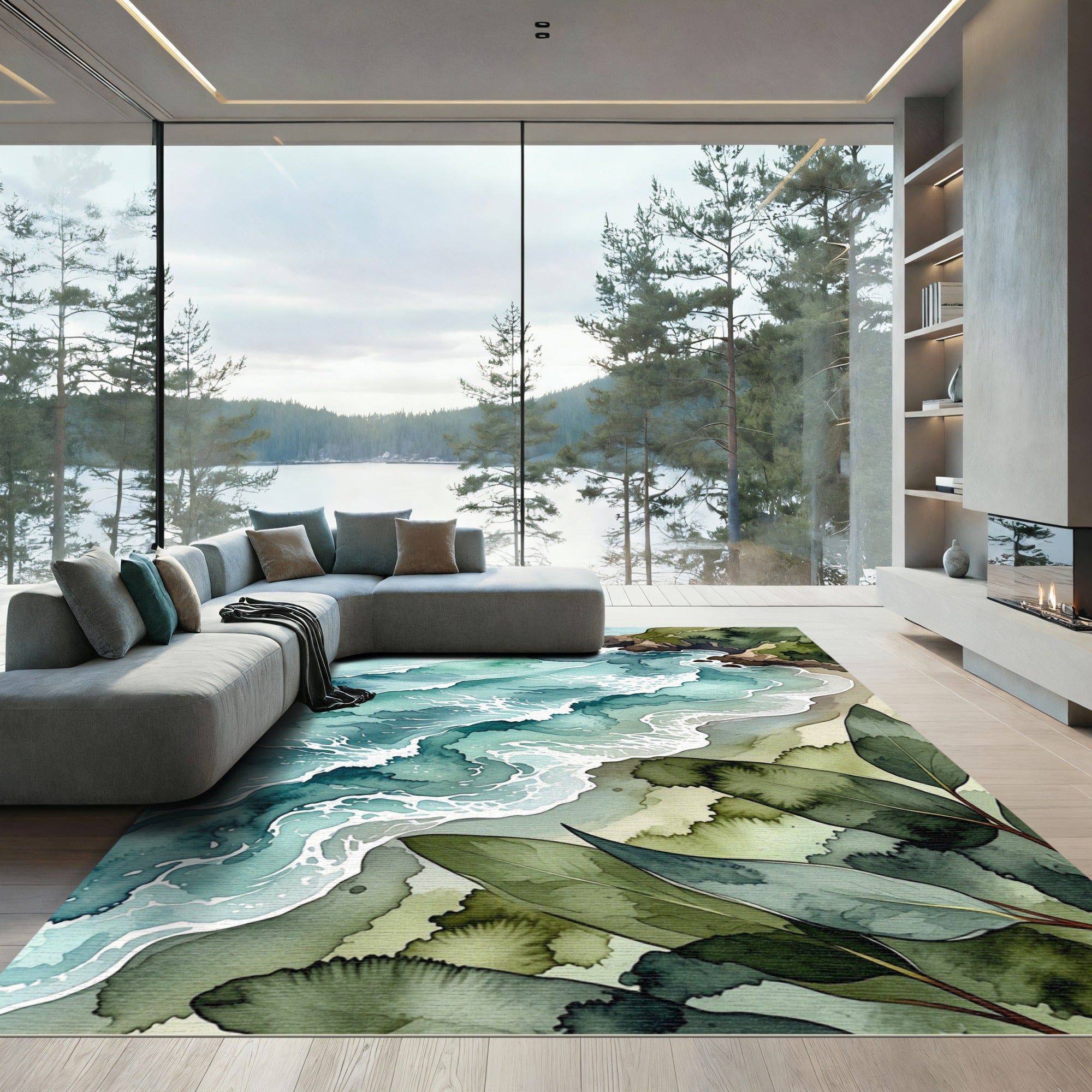 Watercolor Coastal Teal Waves and Tropical Foliage Rug