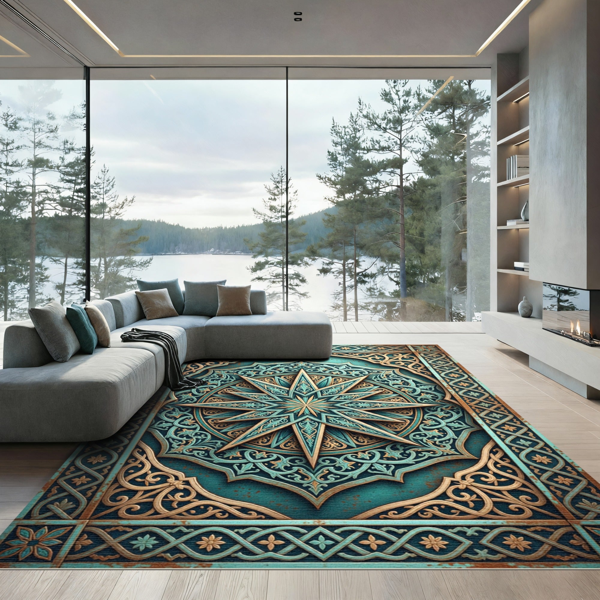 Teal and Gold Twelve Point Star Rug