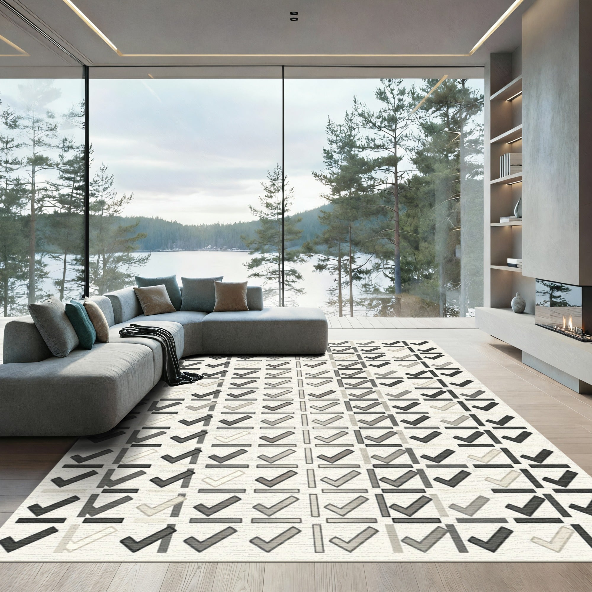 Neutral Tones Checkered Grid Rug