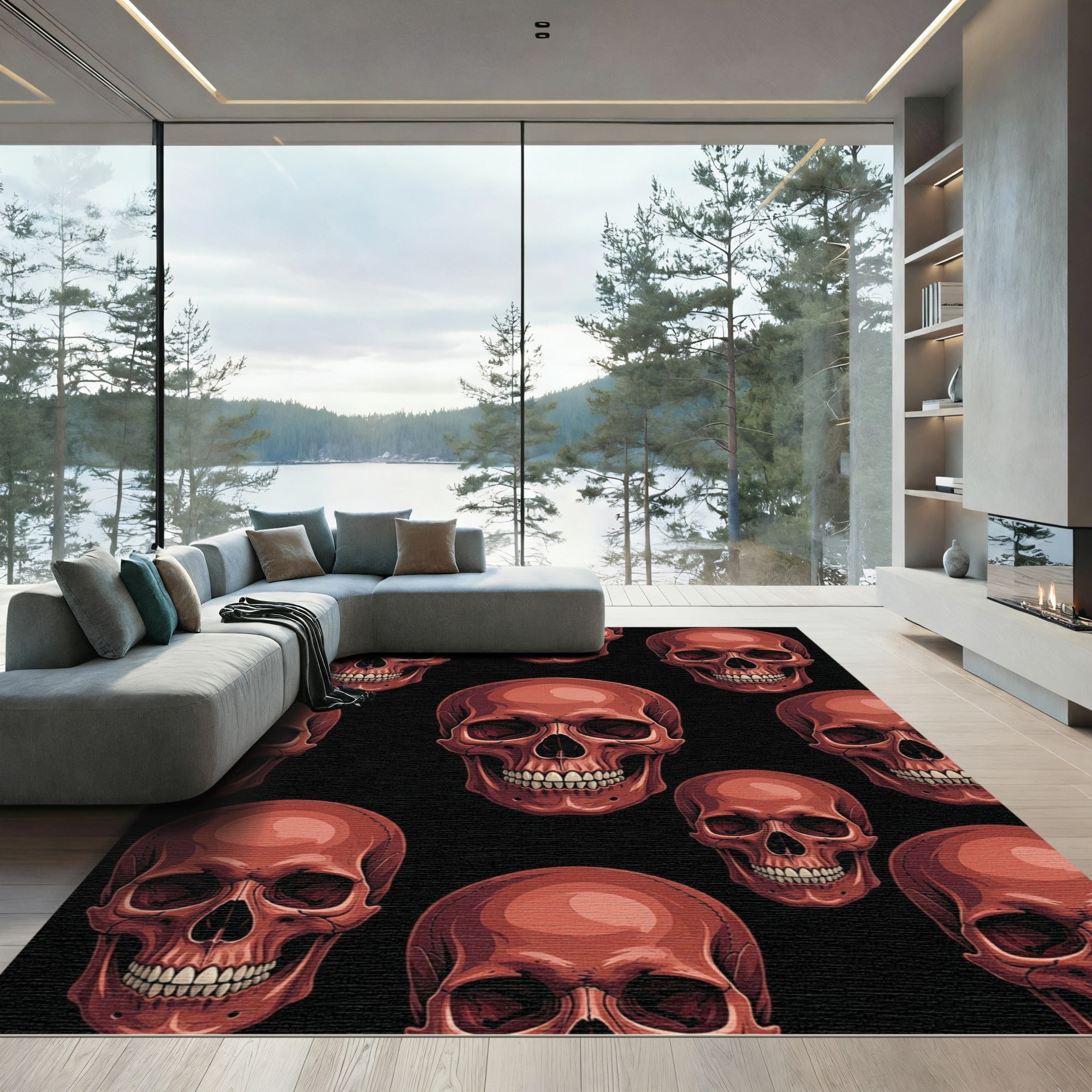 Bold Crimson Skull Grid Art Rug