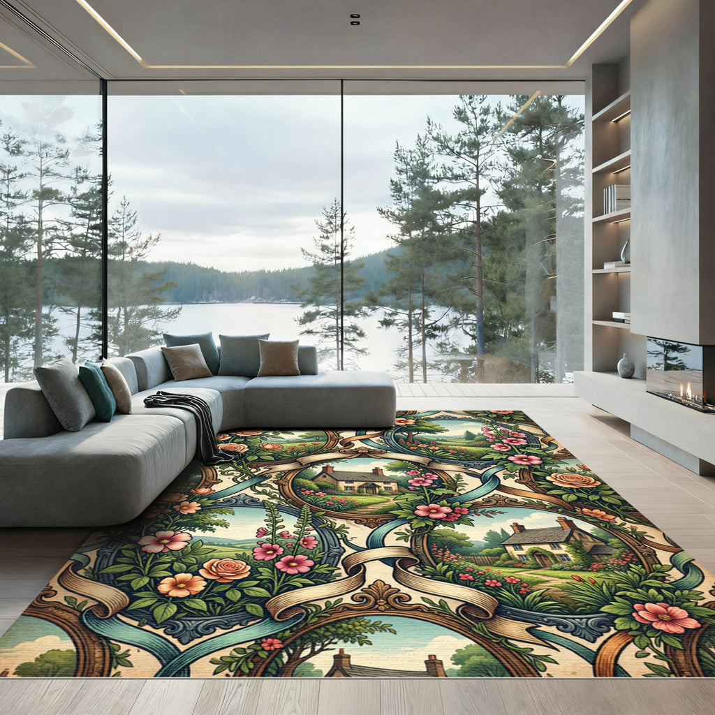 Vintage Cottage Floral Frame Landscape Rug