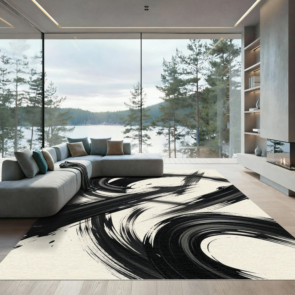 Bold Black Minimalist Ink Swirl Rug