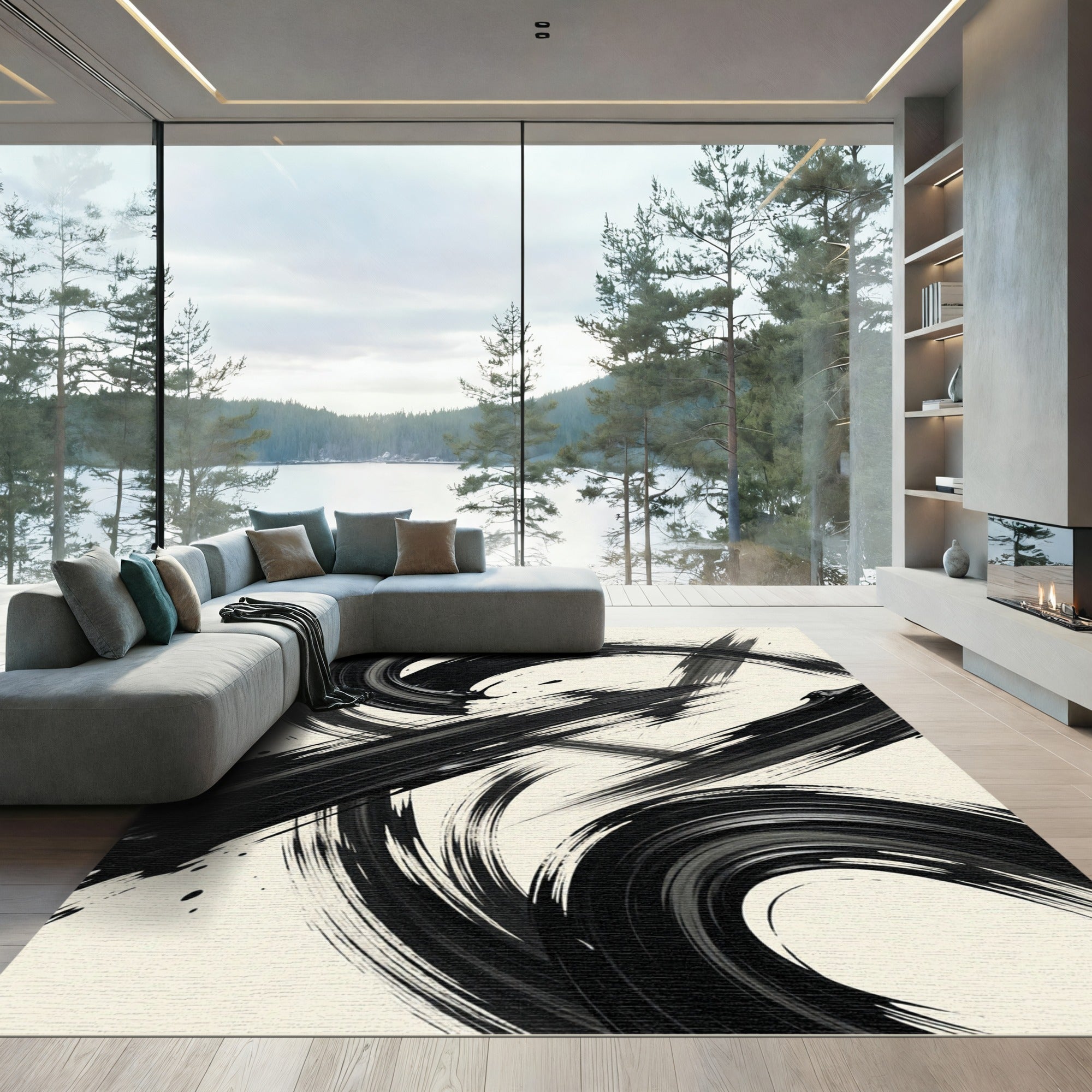 Bold Black Minimalist Ink Swirl Rug