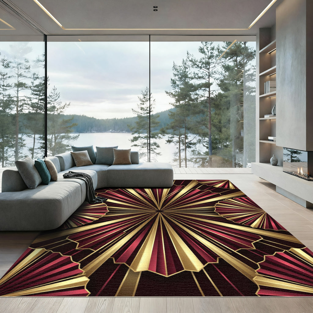 Art Deco Crimson and Gold Fan Rug