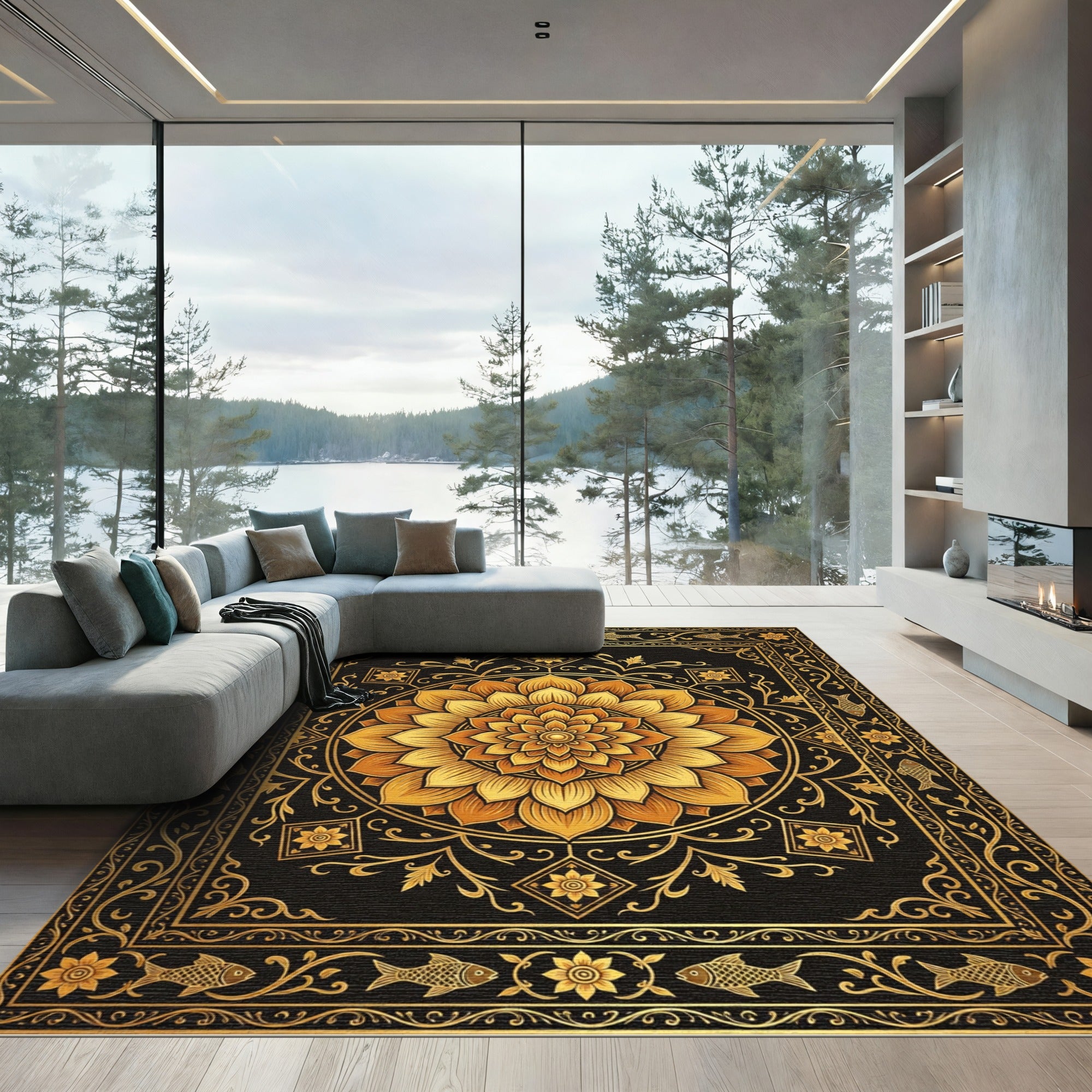 Golden Lotus Mandala with Fish Accents Rug